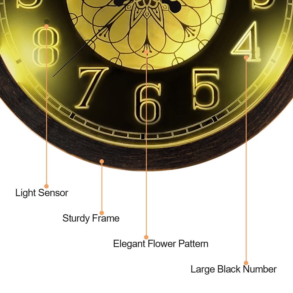 LOMANDA Illuminated Wall Clock, 13 Inch Silent Non Ticking Adjustable Brightness Battery Operated Clock, Lighted Wall Clocks for Living Room Bedroom Home Office