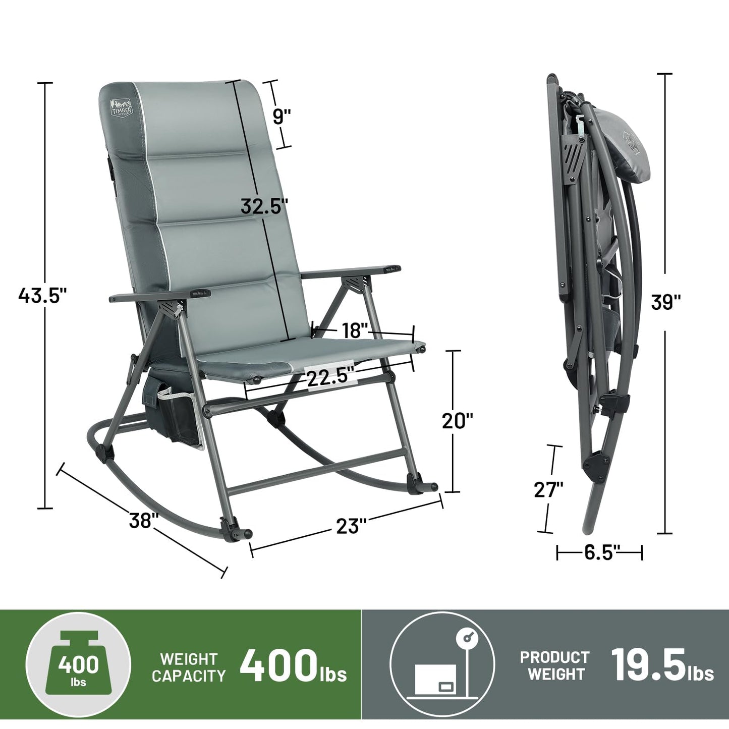 TIMBER RIDGE Oversized Folding Rocking Camping Chair, Padded Outdoor Rocker with High Back, Portable Outdoor Chair for Patio, Garden, Lawn, Supports up to 400 lbs, Gray