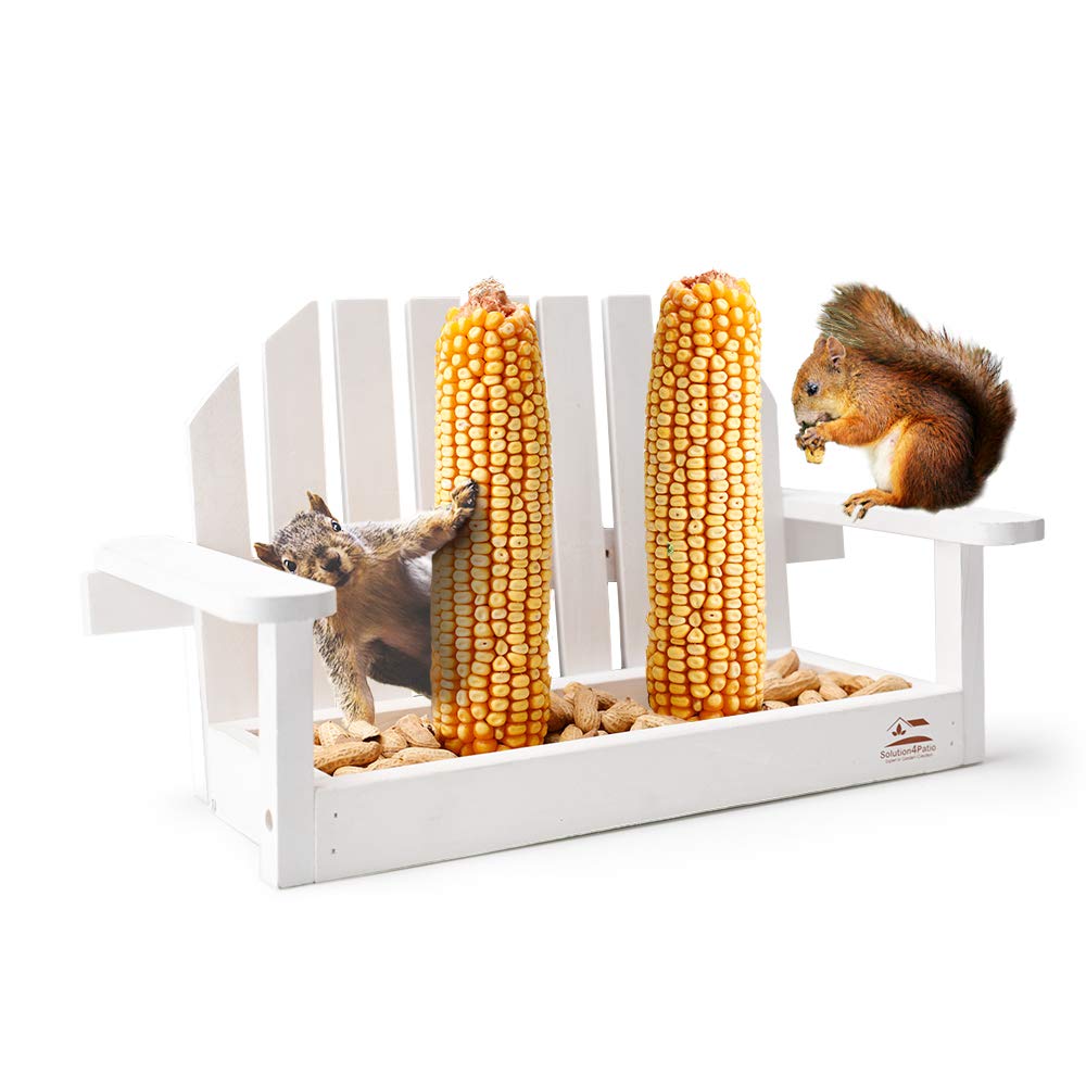 Solution4Patio White Bench Chair Chipmunk & Squirrel Feeder, Mesh Bottom, 2 Corn Cob Holders, Peanut or Acorn Loader, Solid Pine Wood, 13 in. L x 5.1 in. W x 8.3 in. H, Funny Gift & Deco, #B103A02