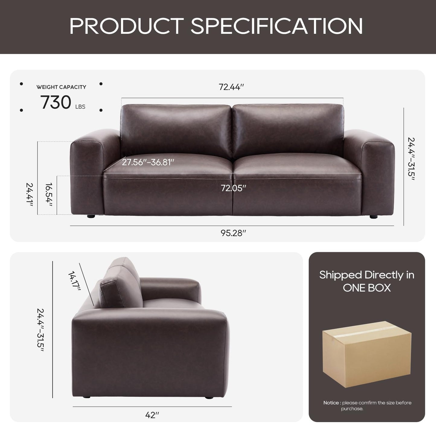 COLAMY 95" Oversized PU Leather Sofa, Comfy Sofa Couch with Extra Deep Seats, Wide Arm, Down Filled 3-Seater Modern Sofa for Living Room, Apartment Lounge-Chocolate