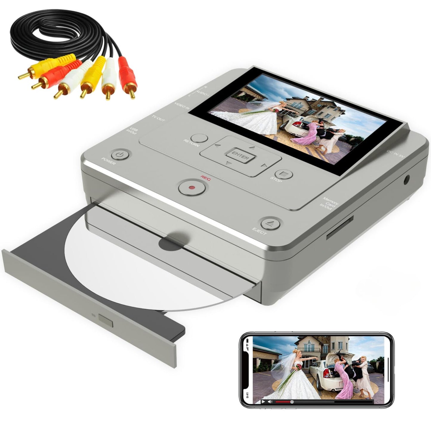 DVD Recorder, VHS to Digital Converter, Convert VHS/VCR/Hi8/Mini DV/RCA 's Video to Digital/DVD for Tape/Player/Camcorder/TV/Camera, WiFi Copy from Smart Phone to USB/SD/HDD via Free APP【with 10 DVDs】