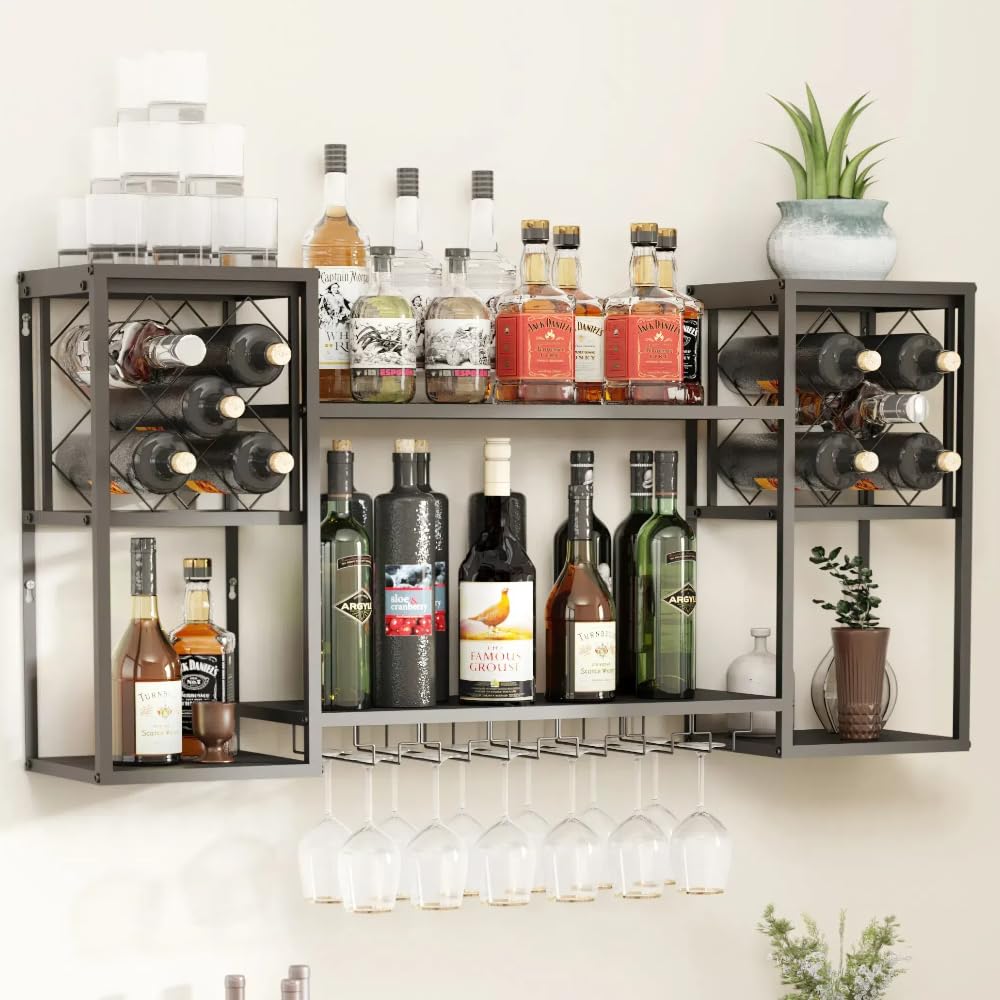 HEONITURE Wall Mounted Wine Rack, Multi Functional Bar Shelves for Liquor Bottles with Glass Holder, Modern Metal Bar Shelves Wall Mounted for Home Bar, Kitchen & Dining Room