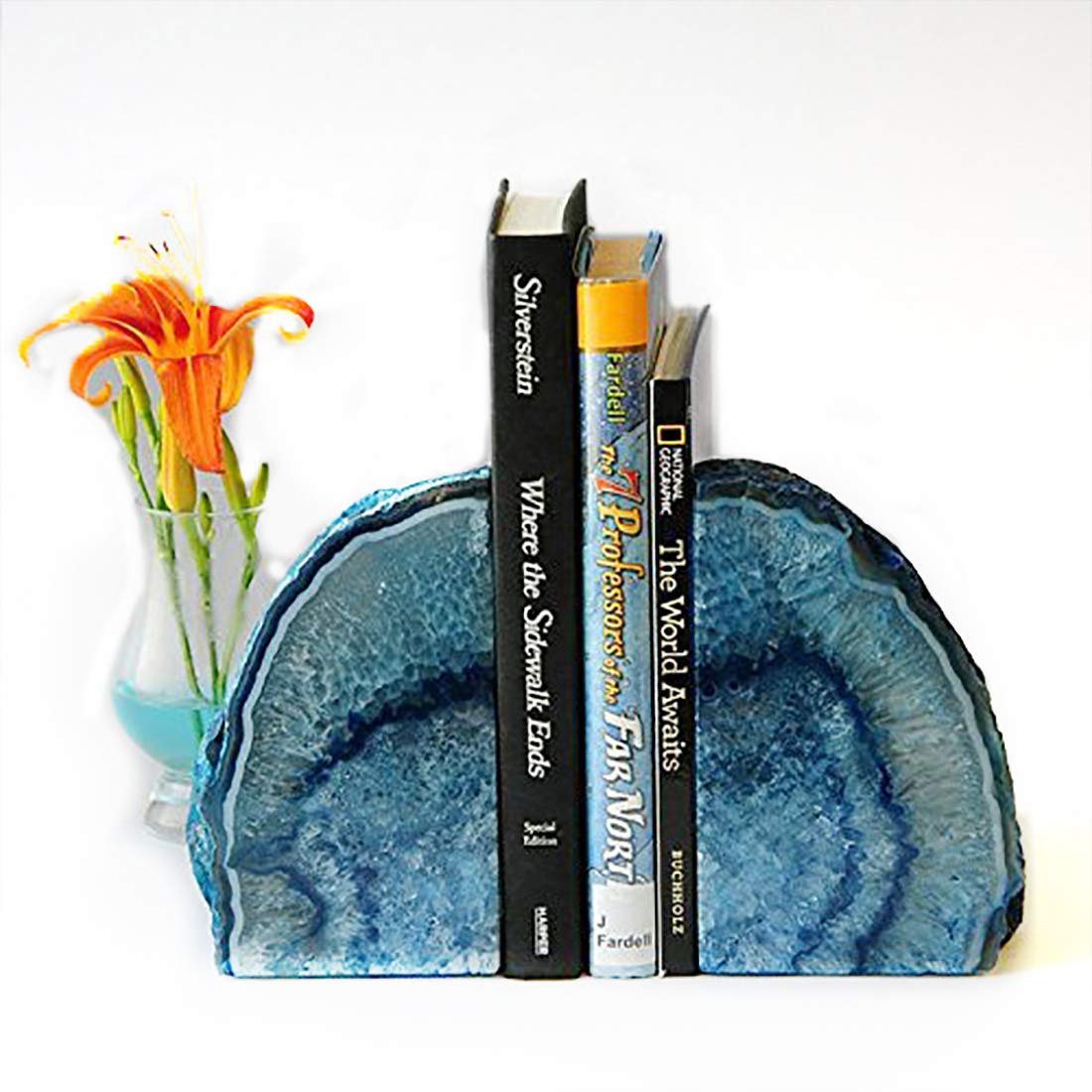 JIC Gem Blue Agate Bookends Geode Book Ends for Shelves Decorative Crystal Bookends Heavy Duty Bookend Bookshelf Decor with Rubber Bumpers(1 Pair, 3-4 LBS)