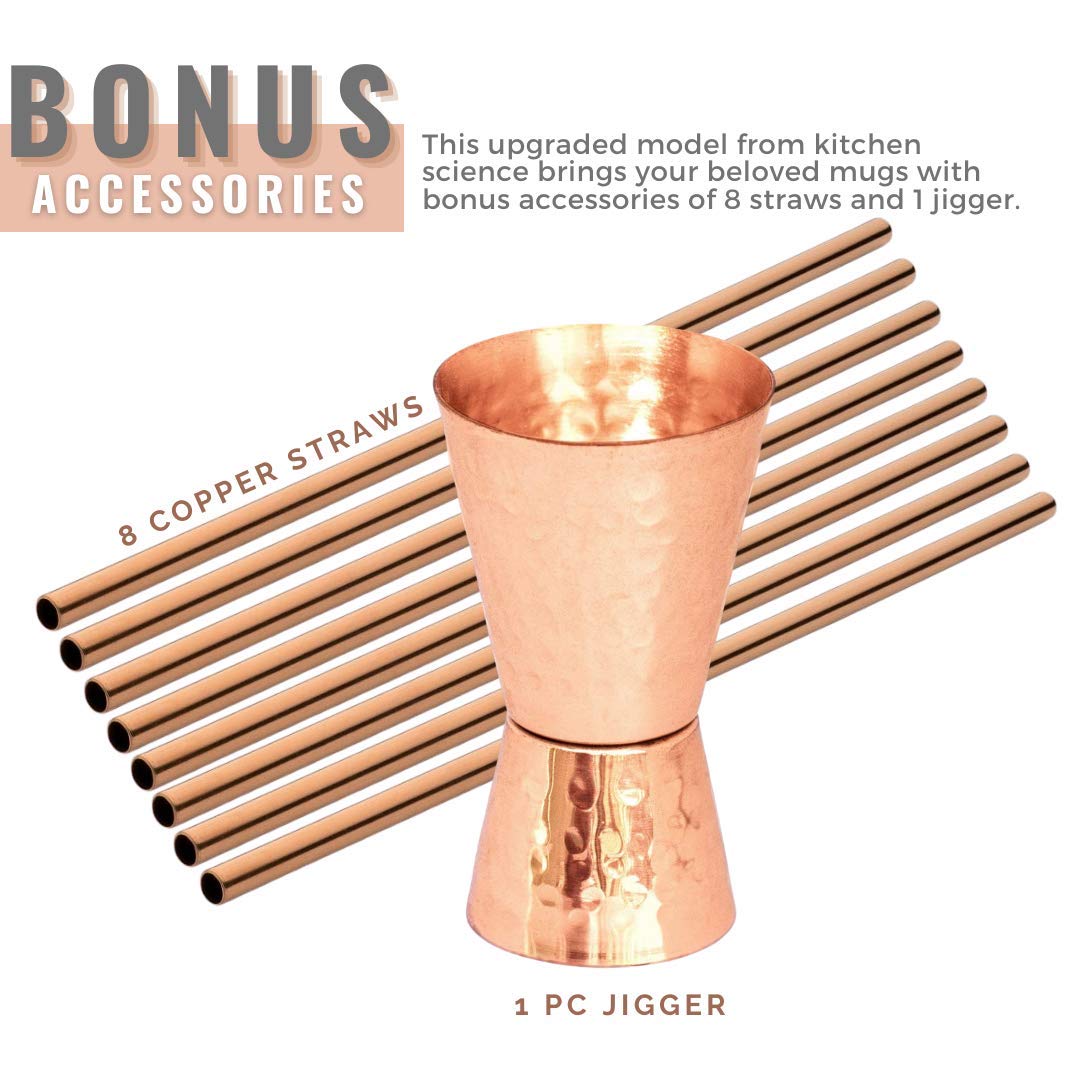 Kitchen Science [Gift Set] Moscow Mule Copper Mugs Set of 8 (16oz) w/Straws & Jigger | 100% Pure Copper Cups, Tarnish-Resistant Food Grade Lacquered Finish, Ergonomic Handle (No Rivet) w/Solid Grip