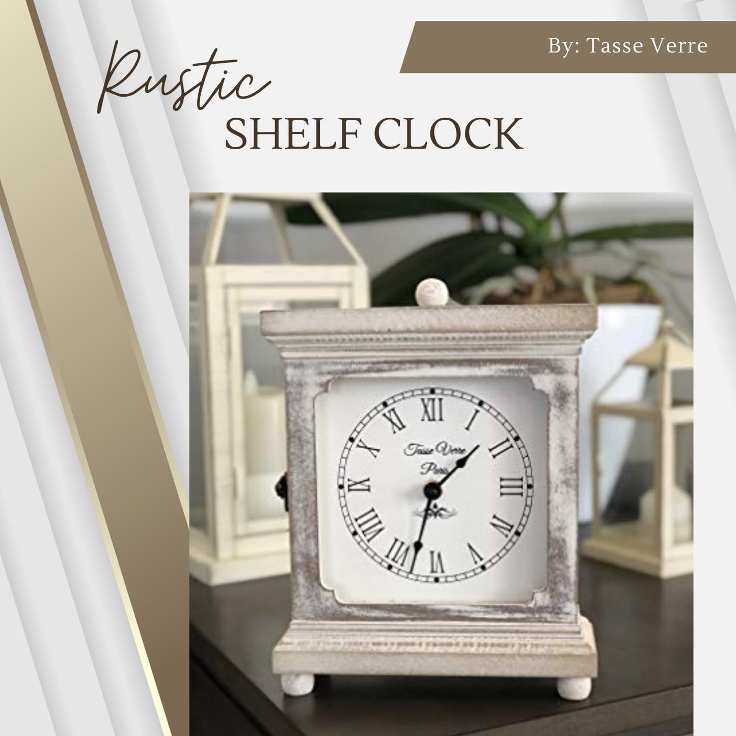 Tasse Verre Rustic Shelf Clock (Quiet) for Living Room Mantel, Table, Or Desk 9" X 7" Farmhouse Decor Distressed White Washed Wood Silent - Office Fireplace. AA Battery Operated Non-Digital, Tan