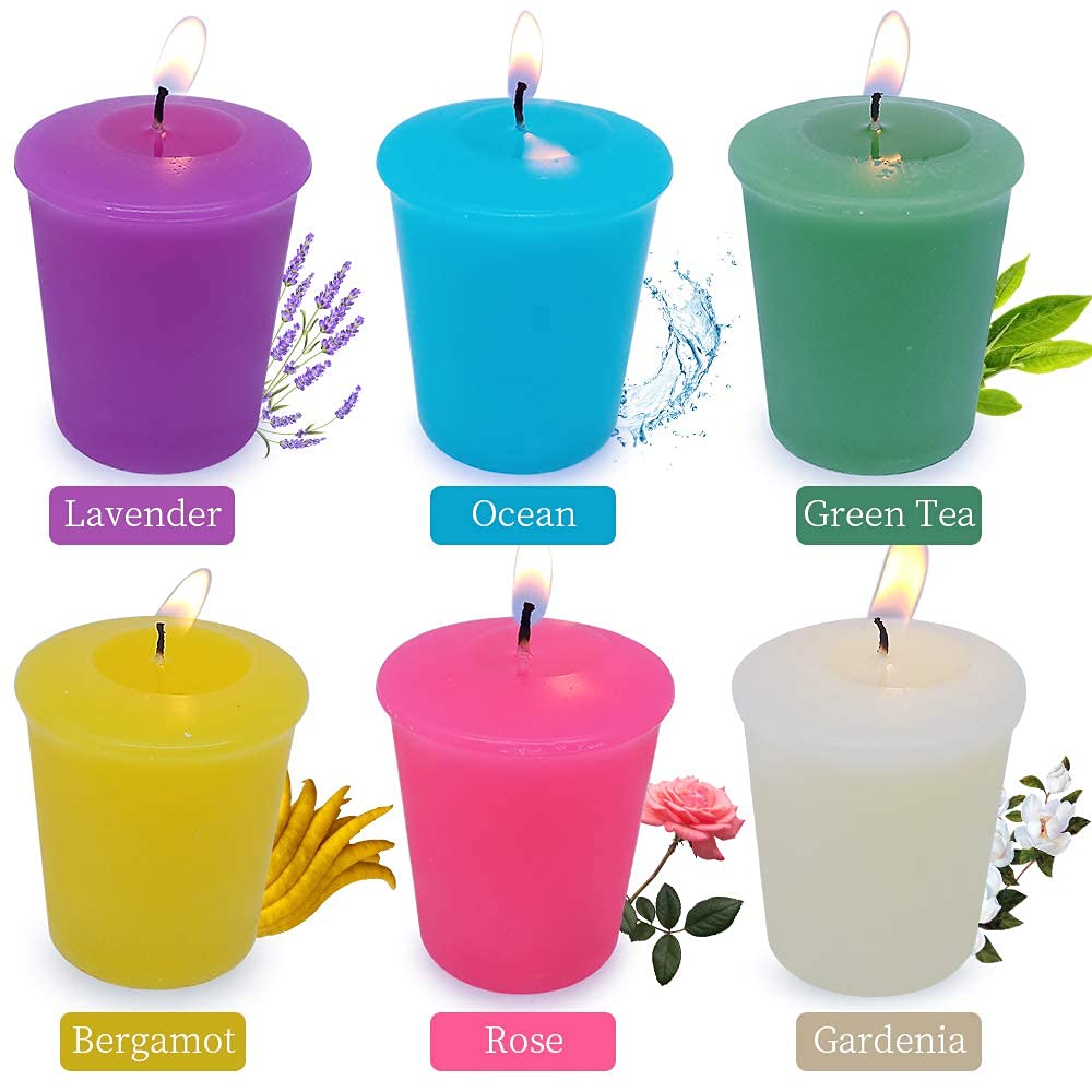 15 Hours Scented Votive Candles, 12 Packs Variety Colored Aroma Votives - Rose, Lavender, Gardenia, Bergamot, Green Tea, Ocean