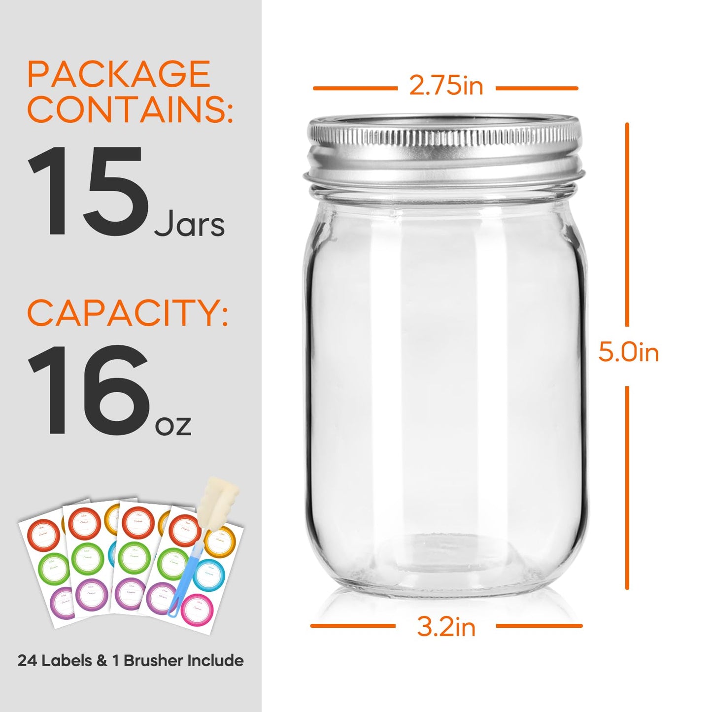 Mcupper Mason Jars 16 oz with Lids and Bands, 15 Pack Regular Mouth Canning Jars, Clear Glass Jars for Canning, Food Storage and Fermenting, Labels & Brusher Included - Microwave & Dishwasher Safe