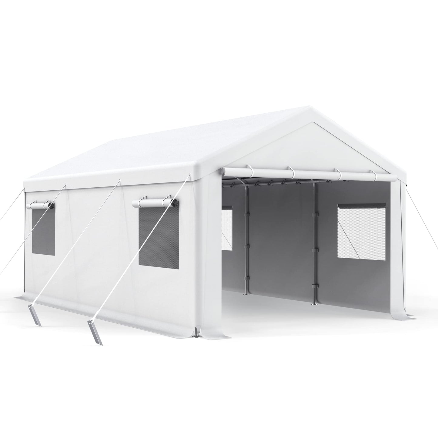 Cecarol C02 12x20x9.5FT Heavy Duty Carport, 200G Heat-Sealing All Weather Tarp, 40MPH Windproof, w/Side Tarps for Sandbag Mounting, Roll-up Mesh Windows, Detachable Side Walls&Doors (White)