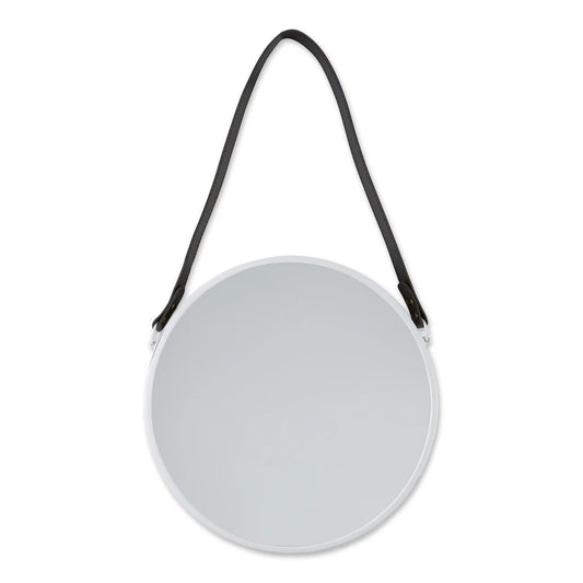 Hanging White Mirror with Faux Leather Strap