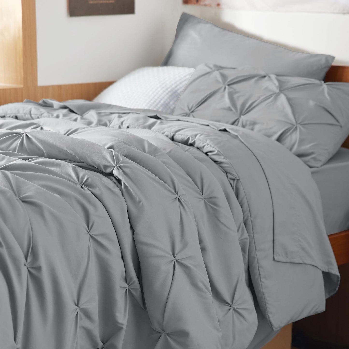 Bedsure Twin XL Comforter Set - Extra Long 5 Pieces Dorm Bedding Sets, Pinch Pleat Grey Bed in a Bag with Comforter, Sheets, Pillowcase & Sham