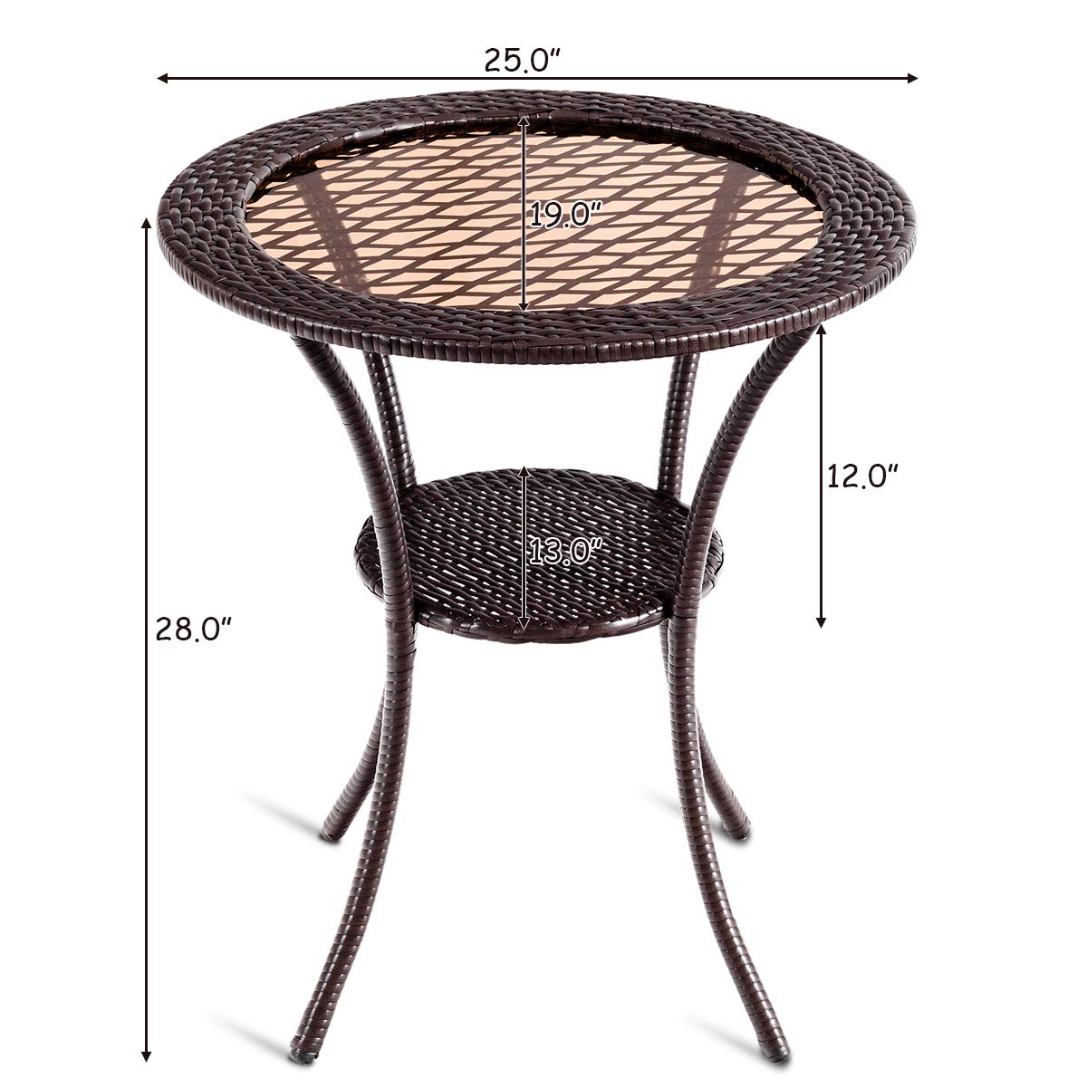 Tangkula 25 inch Patio Wicker Coffee Table Outdoor Backyard Lawn Balcony Pool Round Tempered Glass Top Rattan Steel Frame Side Table Furniture W/Storage Shelf, Brown