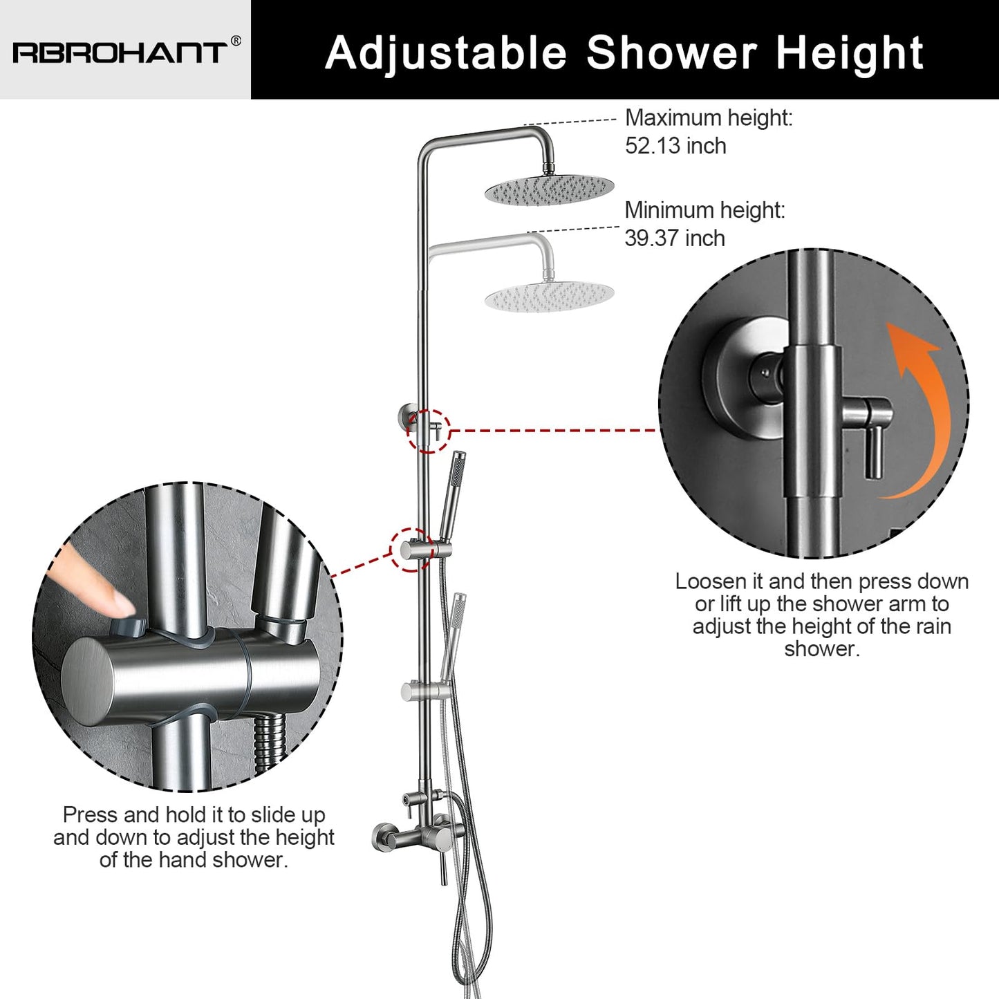 RBROHANT Outdoor Shower, Wall Mount Outdoor Shower Kit, Outside Shower Faucet with Height Adjustable Rain Shower Head and Handheld, Exposed Shower System for Pool, Wall Mounted, Brushed Nickel, JK0290