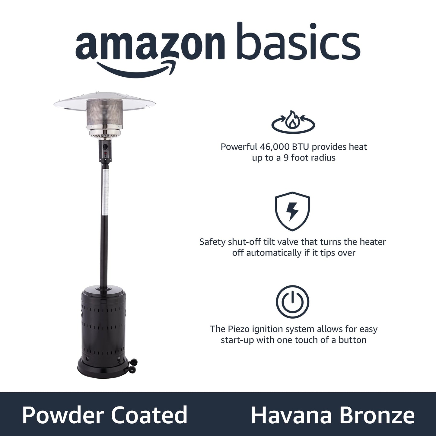 Amazon Basics 46,000 BTU Outdoor Propane Patio Heater with Wheels, Commercial & Residential, Havana Bronze, 32.1 x 32.1 x 91.3 inches (LxWxH)