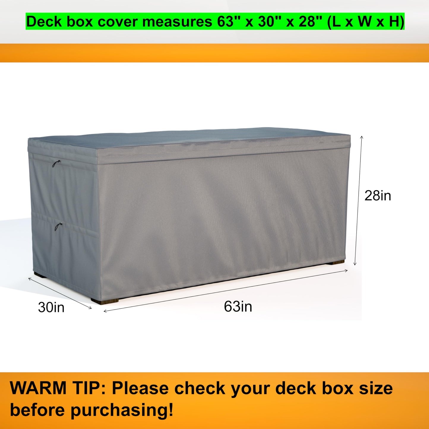 Deck Box Cover, Outdoor Large Storage Box Cover 150 Gallon Deck Box Dust Cover Heavy Duty 600D Oxford Fabric Patio Furniture Cover, Rain, Dust, UV, Wind, Snow Resistant, 63 x 30 x 28 Inches