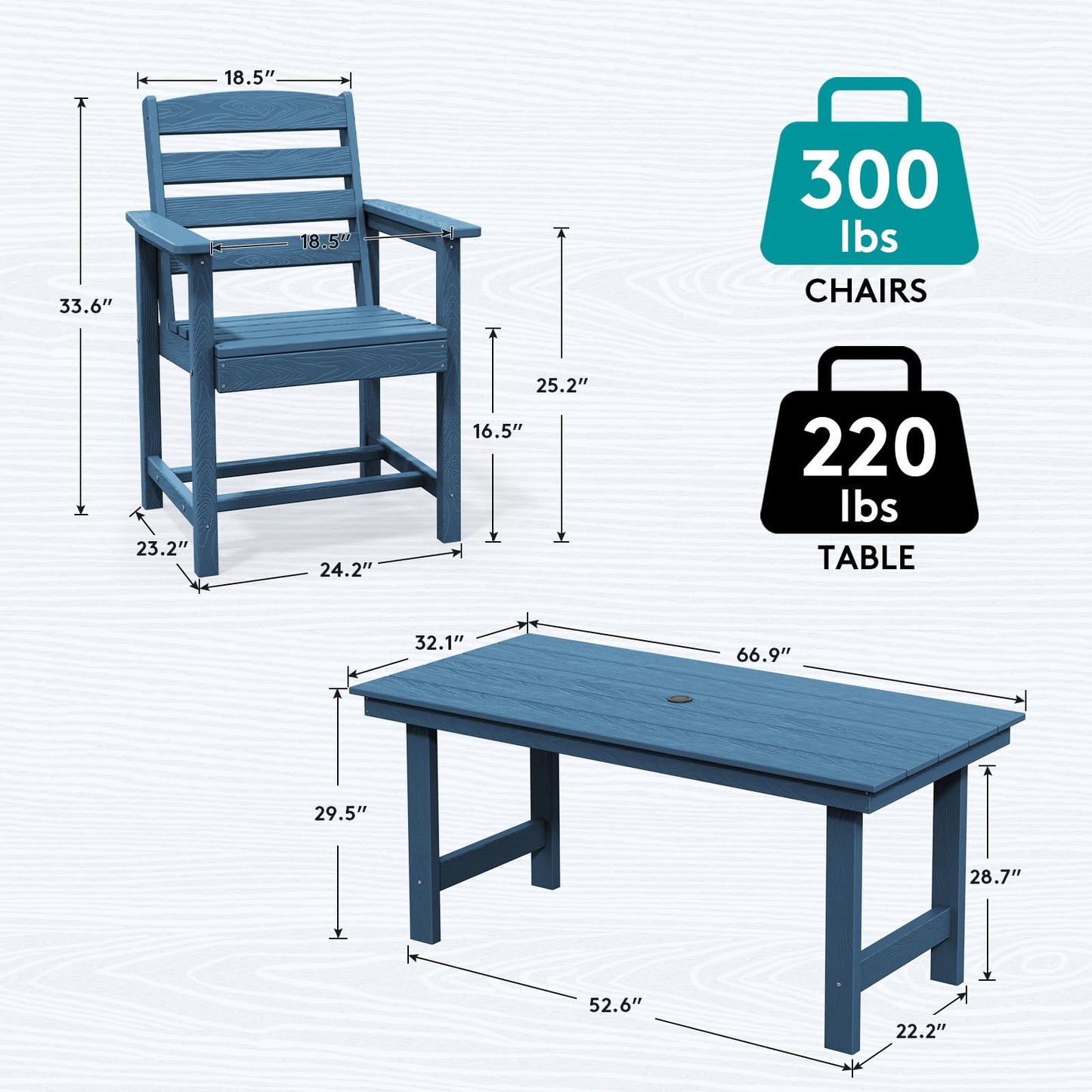 SERWALL 7-Piece Patio Dining Table Sets, Outdoor HDPE Dining Furniture Set with Umbrella Hole Cut-Out Table and 6 Chairs, Blue