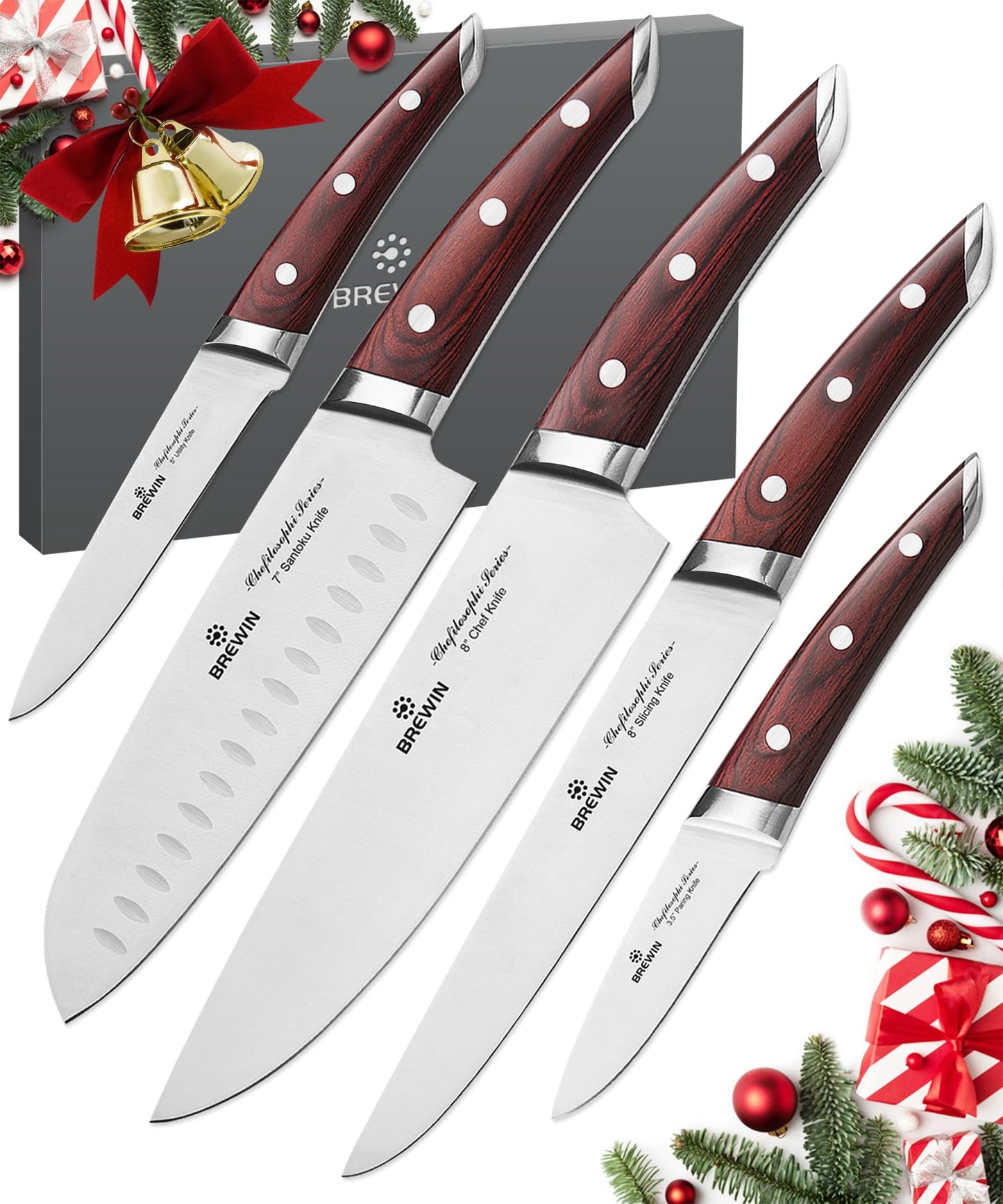 Brewin CHEFILOSOPHI Japanese Chef Knife Set 5 PCS with Elegant Red Pakkawood Handle Ergonomic Design,Professional Ultra Sharp Kitchen Knives for Cooking High Carbon Stainless Steel