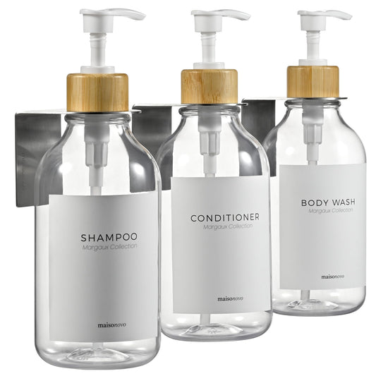 MaisoNovo Shampoo and Conditioner Dispenser - Shower Soap Dispenser Wall Mounted - 16.9 fl oz Set of 3 Clear Plastic Bottles White Bamboo Pump - Shampoo Dispenser, Shower Dispenser 3 Chamber No Drill