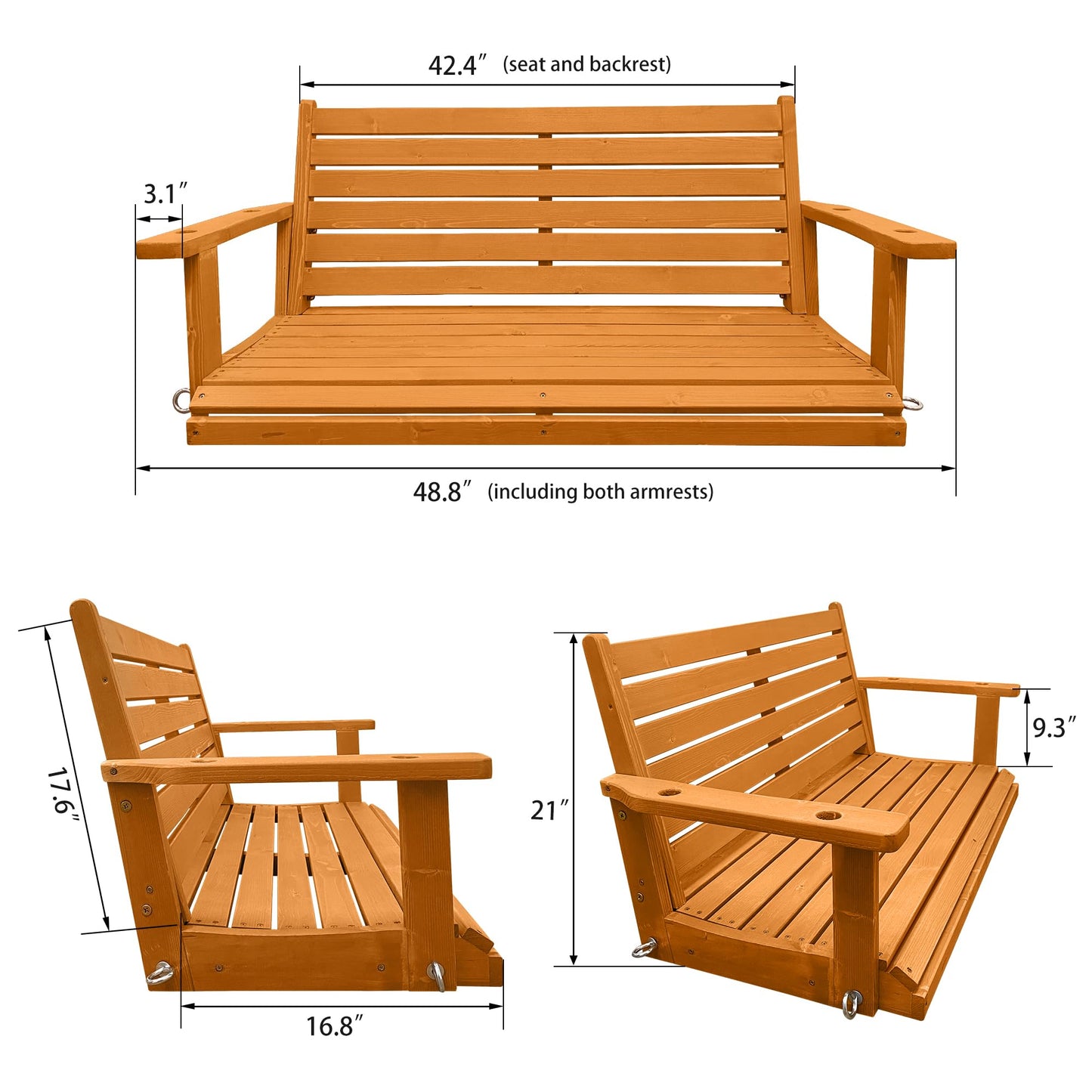 Wooden Porch Swing, Ergonomic Seat, Bench Swing with Hanging Chains and 7mm Springs, Heavy Duty 880 LBS, for Outdoor Patio Garden Yard (Amber, 2-Seater)