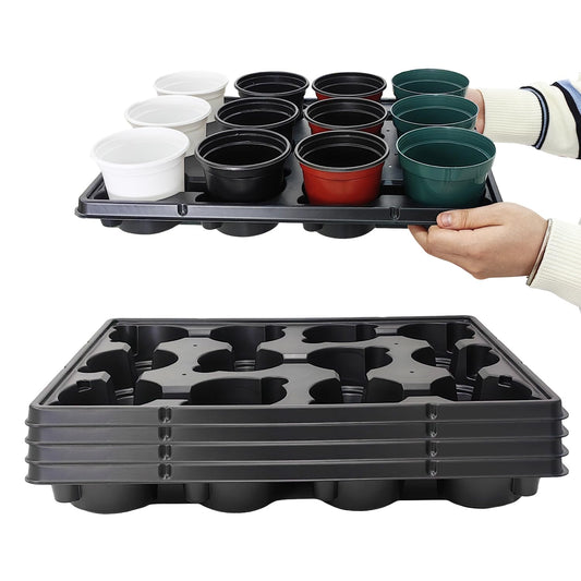 RooTrimmer 12 Cell Round Nursery Pots Trays Thickened Durable Seedling Pots Shuttle Carrying Trays for Holding 4 inch Nursery Pots (16.85" × 12.6", 5-Pack)