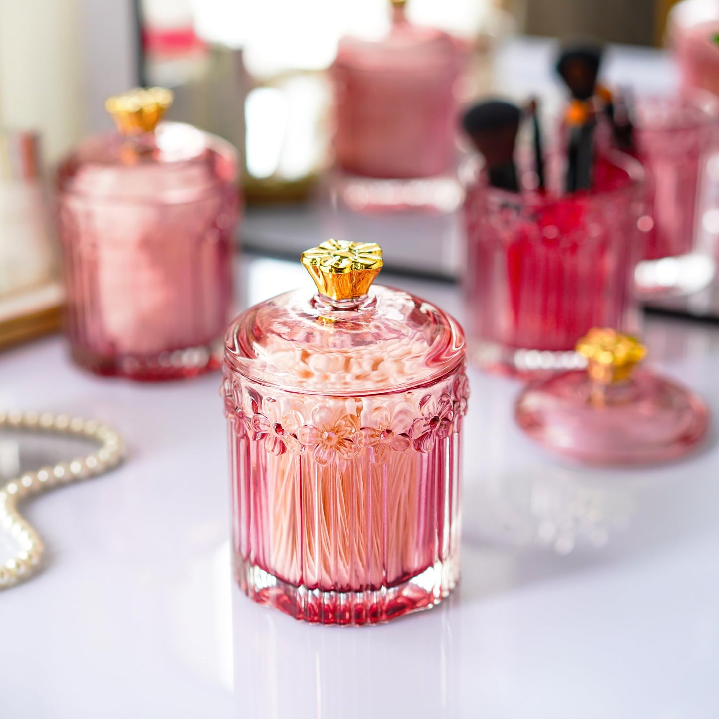 KANPURA Decorative Glass Jars with Lids,Crystal Apothecary Jars,Crystal Candy Jar,Glass Storage Bathroom Pink Jar Wedding Decor Gift for Women Mother,Wife