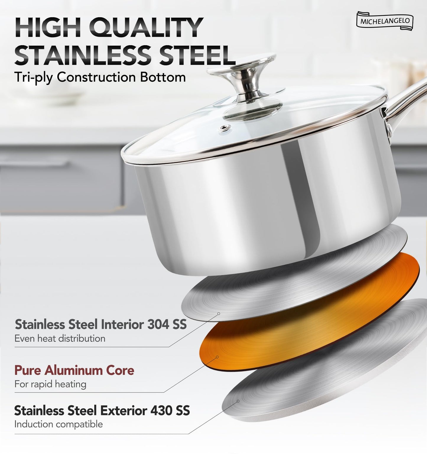 MICHELANGELO 2 Piece Stainless Steel Saucepan Set - 1Qt & 2Qt, Premium German Technology Sauce Pans, Induction Compatible 18/10 Stainless Steel
