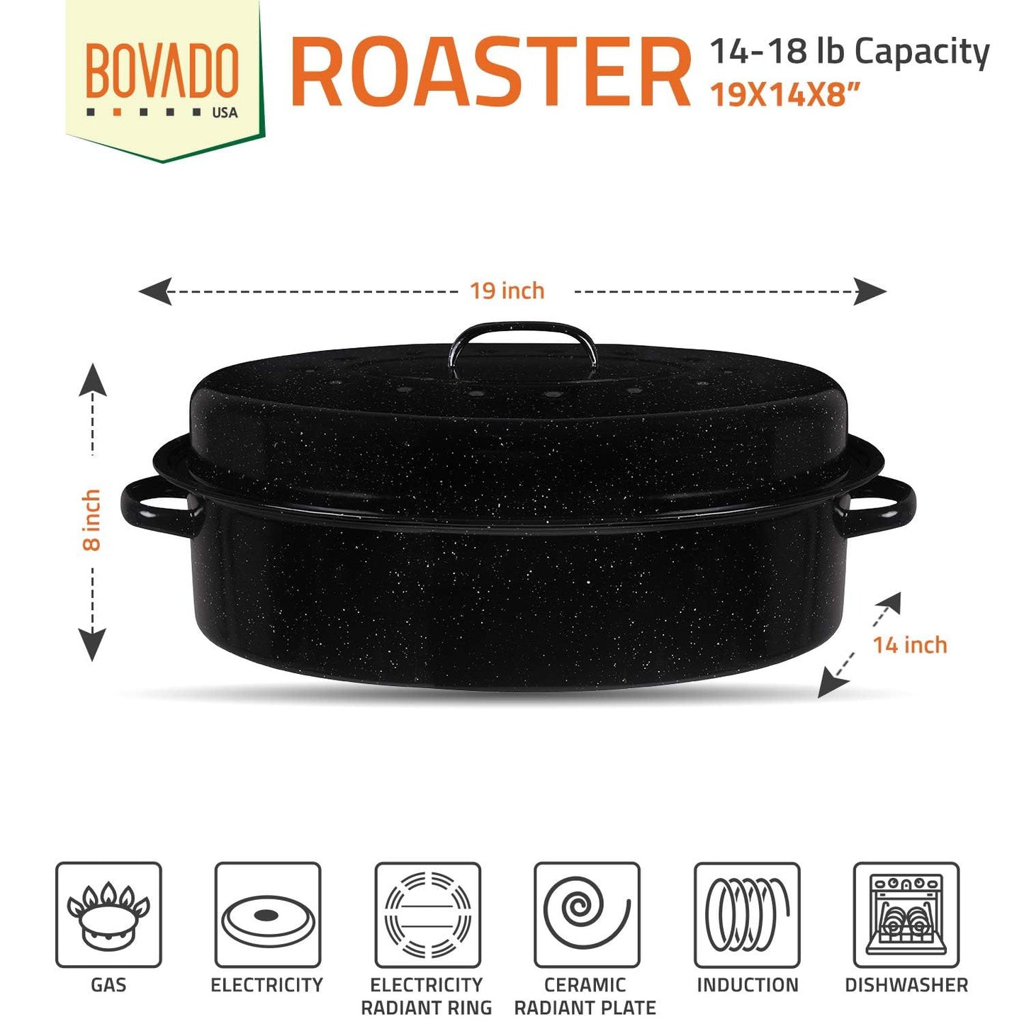 Bovado USA 19" Inch 20 lb Capacity Enamel Oval Turkey Roaster Pan + Lid - Thanksgiving Gift, Covered, Non-sticky, Chemical Free, Dishwasher Safe - (17.3 Inch Inner) - Rôtissoire (Capacité de 9.09 kg)