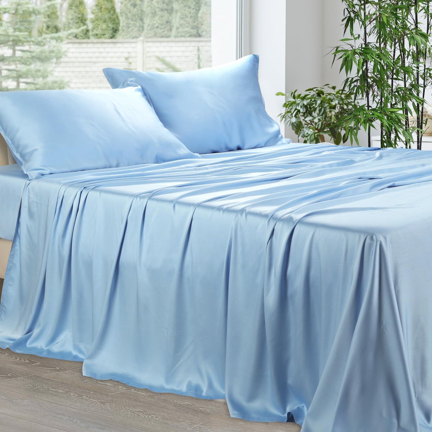 IKIFLY Queen Sheet Set 4 Piece, 16” Deep Pocket, Ultra Soft & Luxuriously Cooling for Hot Sleepers, Breathable Silky Bedding Sheets & Pillowcases, Light Blue