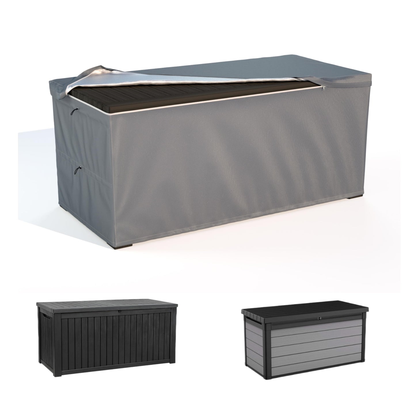 Deck Box Cover, Outdoor Large Storage Box Cover 150 Gallon Deck Box Dust Cover Heavy Duty 600D Oxford Fabric Patio Furniture Cover, Rain, Dust, UV, Wind, Snow Resistant, 63 x 30 x 28 Inches