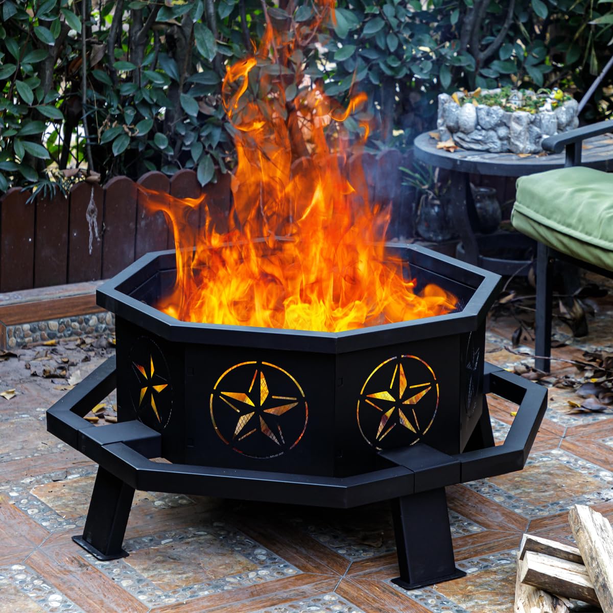Verdeluxe 35 Inch Octagonal Fire Pit,Outdoor Fire Pit,Wood Burning Firepit,Bonfire Fire Pit,Firepits for Outside,Camping, Backyard, Patio,Bonfire