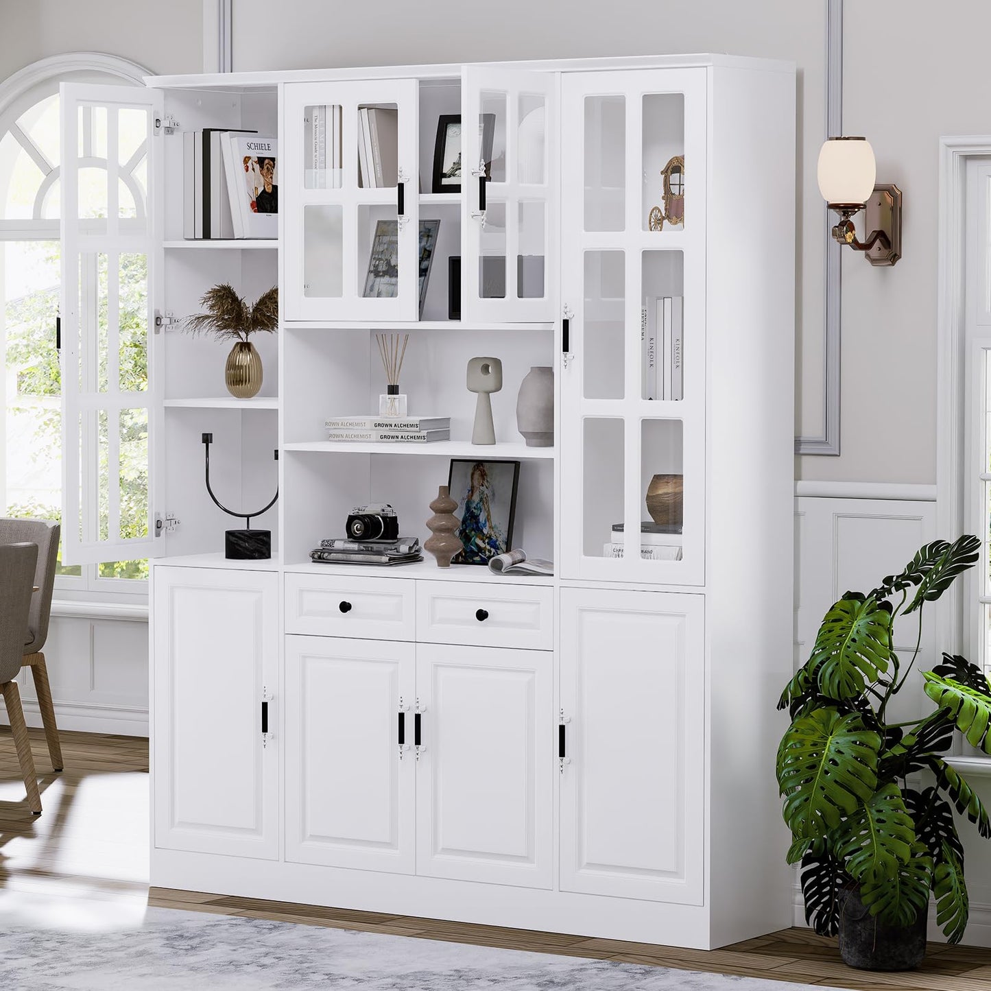 MEISSALIVVE Kitchen Pantry Storage Cabinet, 78.7" Tall Pantry Cabinet with Glass Doors & Drawers, Freestanding Utility Pantry Cabinet, Food Pantry Cabinet Cupboard, White (63" W x 15.7" D)