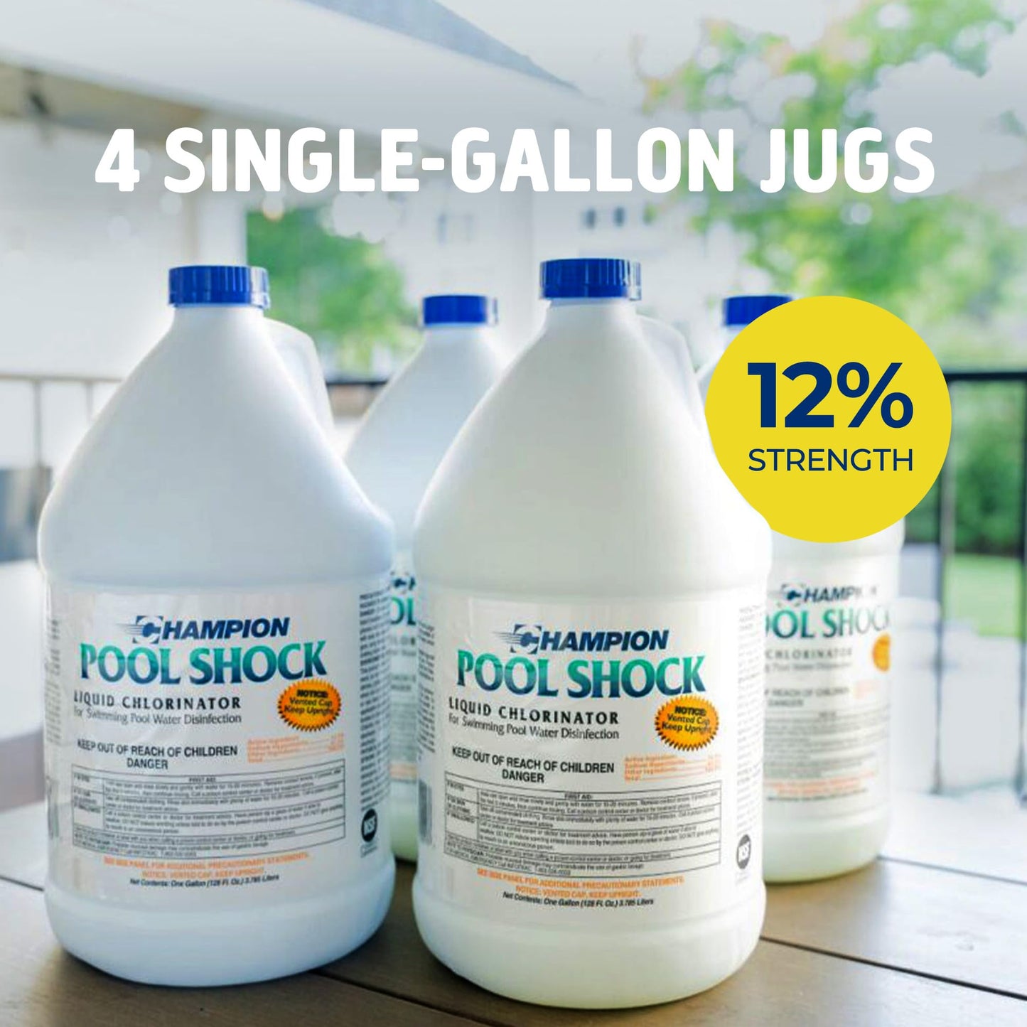 CPDI Champion 4 Pack Pool Shock 12.5 Liquid Chlorine, Fast Sanitizer, 1 Gallon