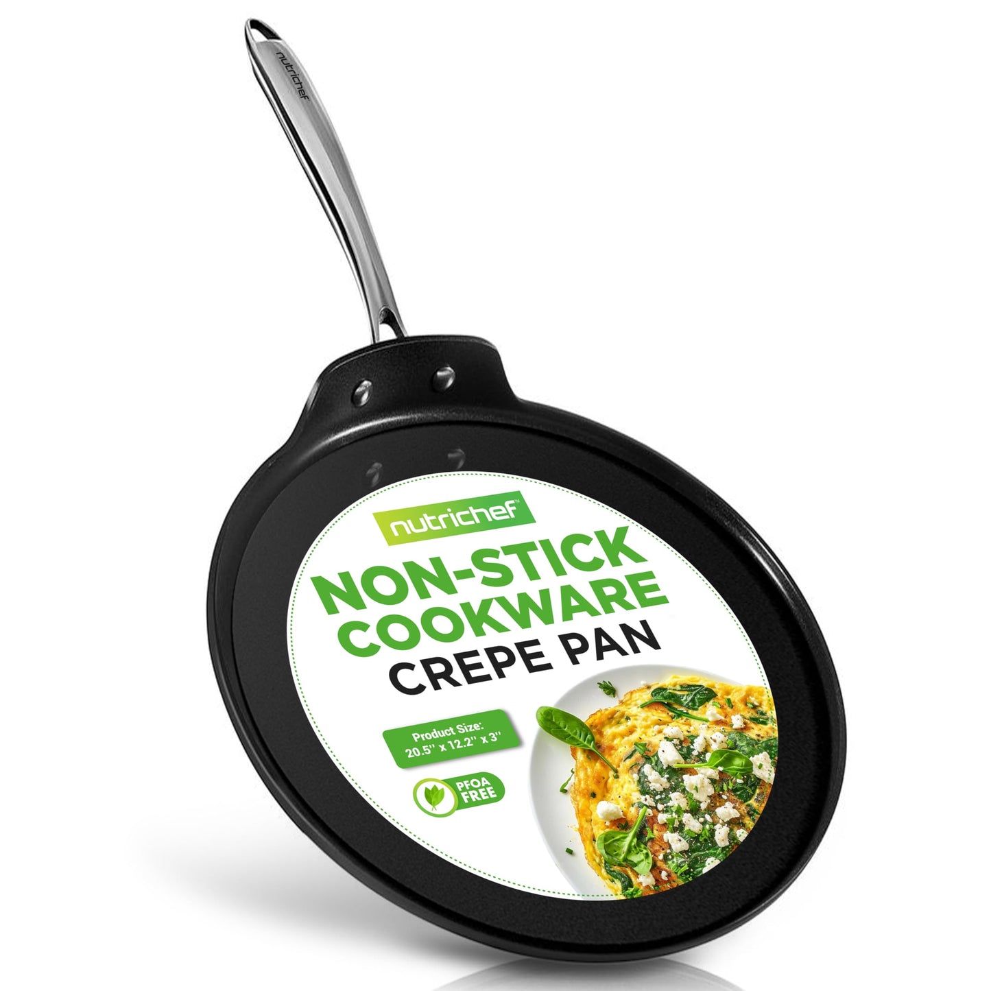 NutriChef 12 Inch Crepe Pan Non Stick, Ideal for Pancakes, Dosa & Tortillas, Hard-Anodized, Dishwasher Safe