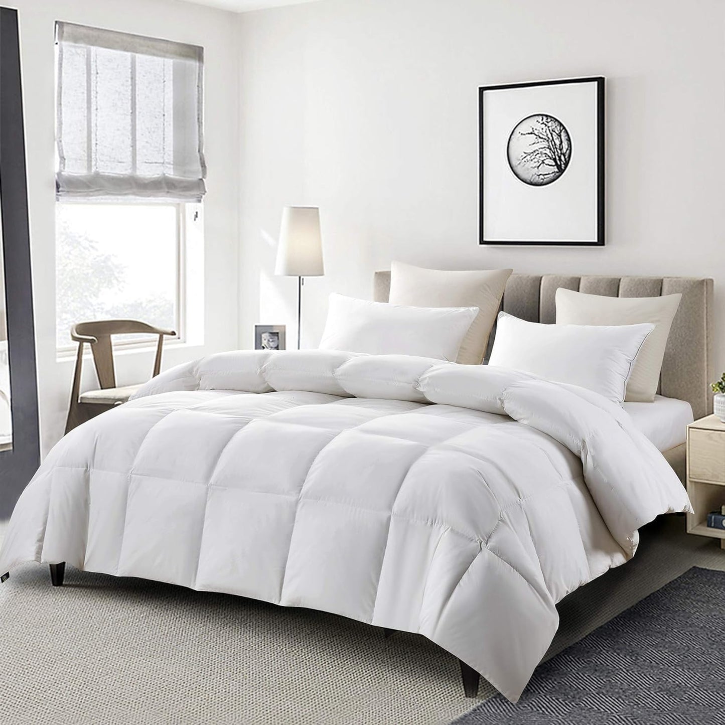 Serta Goose Feather Down Fiber Cotton Comforter Queen Size - 100% Cotton Duvet Insert - Hotel Luxury Hypoallergenic Bedding Comforter All Season Medium Warmth 90 x 90 Inch White