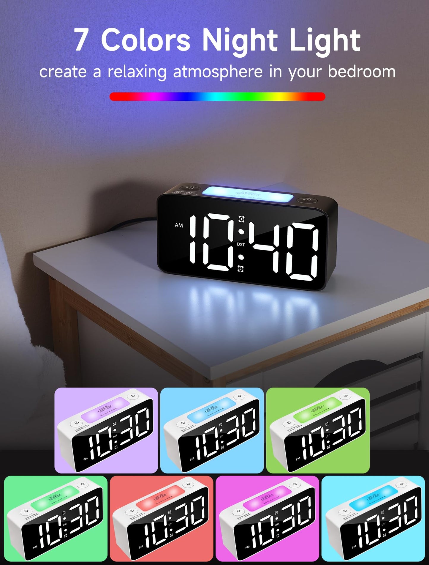 Cadmos Super Loud Alarm Clock for Heavy Sleepers Adults,Digital Clock with 7 Color NightLight,Adjustable Volume,USB Charger,Small Clocks for Bedrooms,Ok to Wake Up for Kids,Teens (White+RGB)