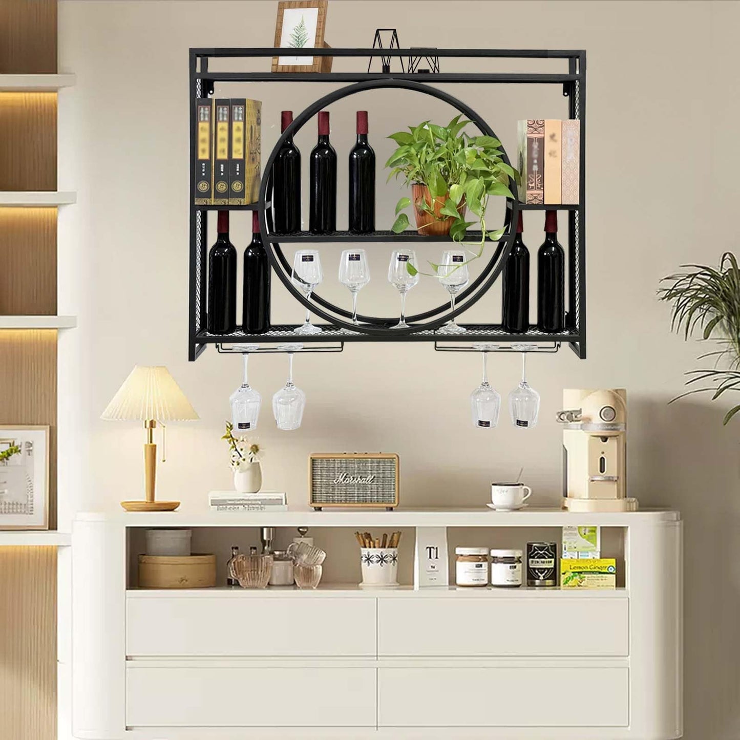 Dernoing Wall Mounted Wine Rack, Large Capacity 3 Tier Wine Glass Display Rack, Iron Round Wine Glass Storage Rack with Cup Holder, for Home Restaurant Bar (Black, 39.4 * 5.9 * 23.5inch)