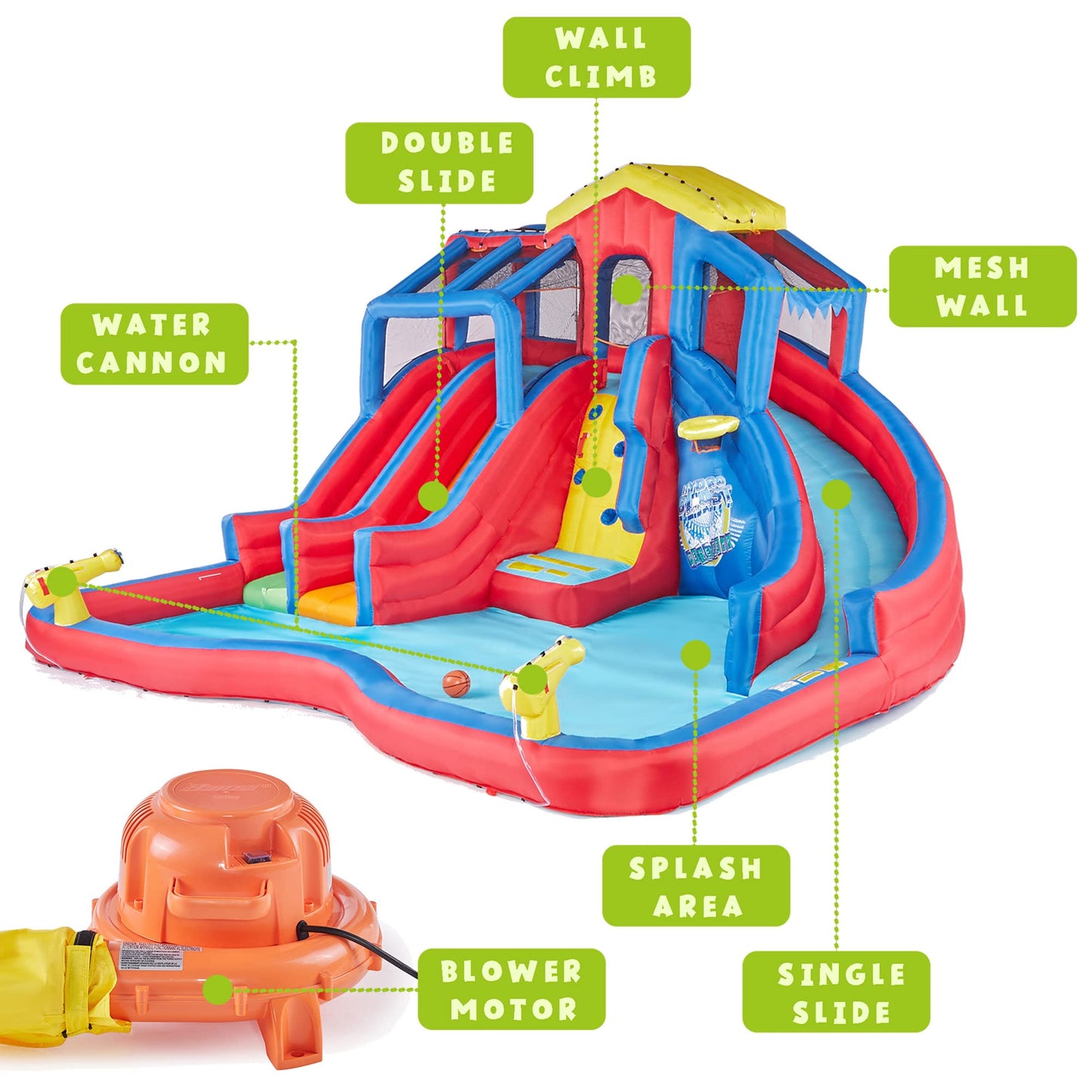 Banzai Hydro Blast Water Slide, Heavy Duty Inflatable Backyard Water Park w/ 3 Waterslides, Splash Pool, and Climbing Wall, for Kids Ages 5+, Blue/Red