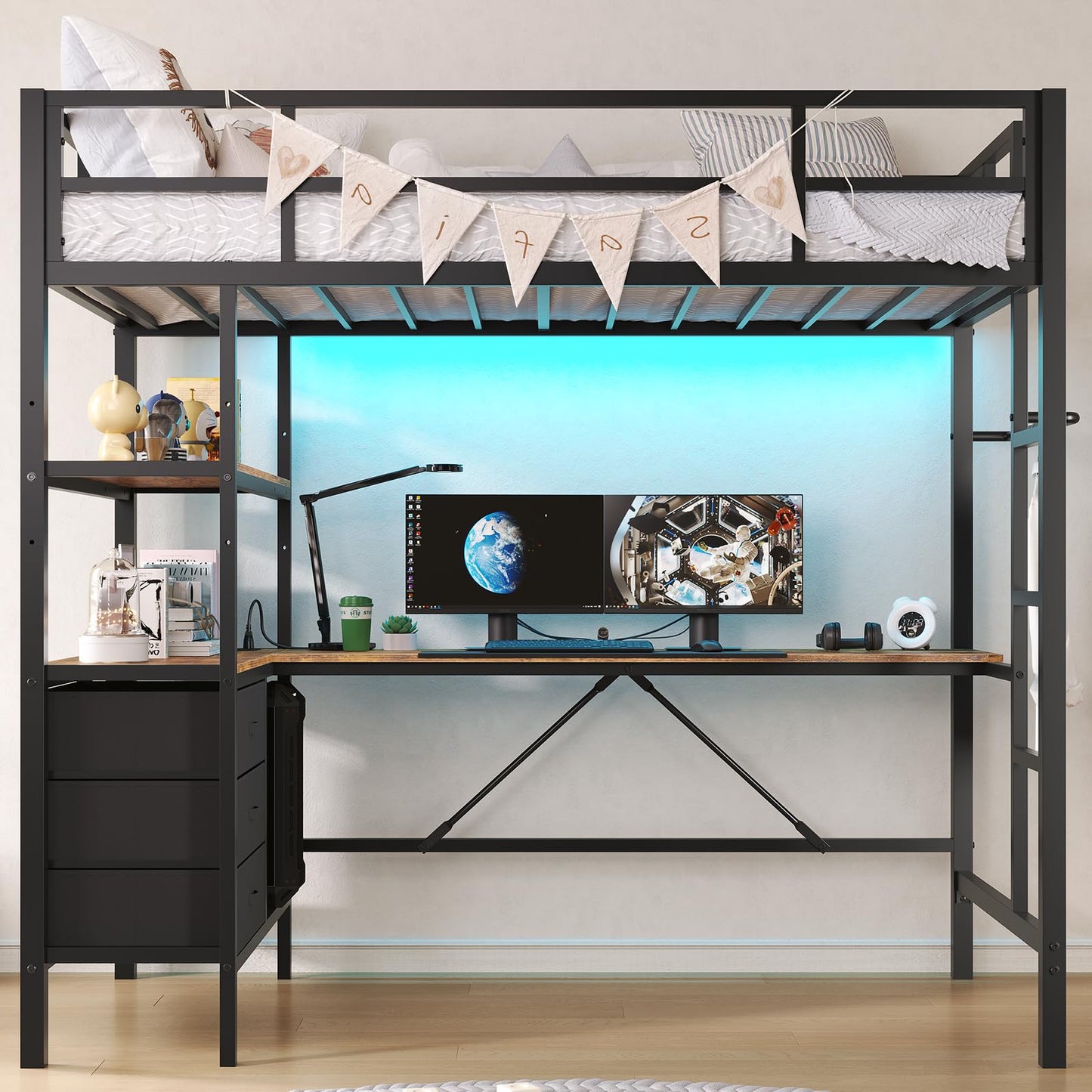 DICTAC Twin Metal Loft Bed with L-Shaped Desk, LED Lights,Charging Station LED Loft Bed Frame Twin Size with 3 Storage Shelves and 3 Fabric Drawers, Safety Guard & Ladder, No Box Spring Needed, Black