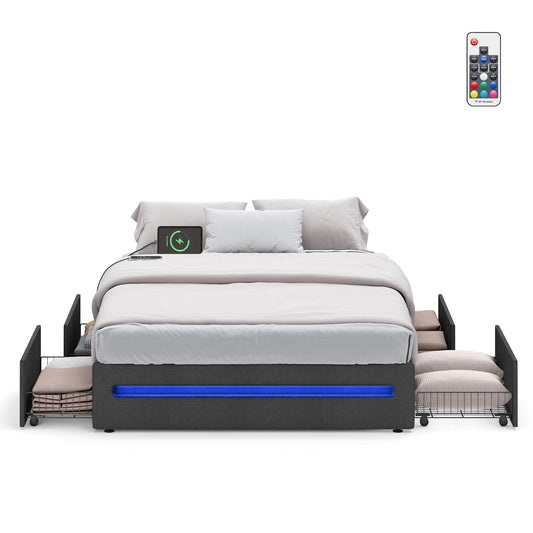 VASAGLE LED Bed Frame Queen Size with 4 Drawers and Charging Station, Queen Bed Frame with 1 USB Port and 1 Type C Port, Steel Slats, No Box Spring Needed, Dark Gray URMB831G71