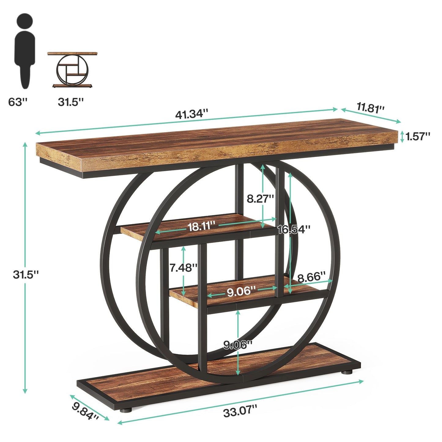 Tribesigns 41.3" Console Table, Industrial 4-Tier Sofa Table Entryway Table with Circle Base, Narrow Wood Accent Tables with Storage Shelves for Living Room, Hallway, Foyer, Rustic Brown