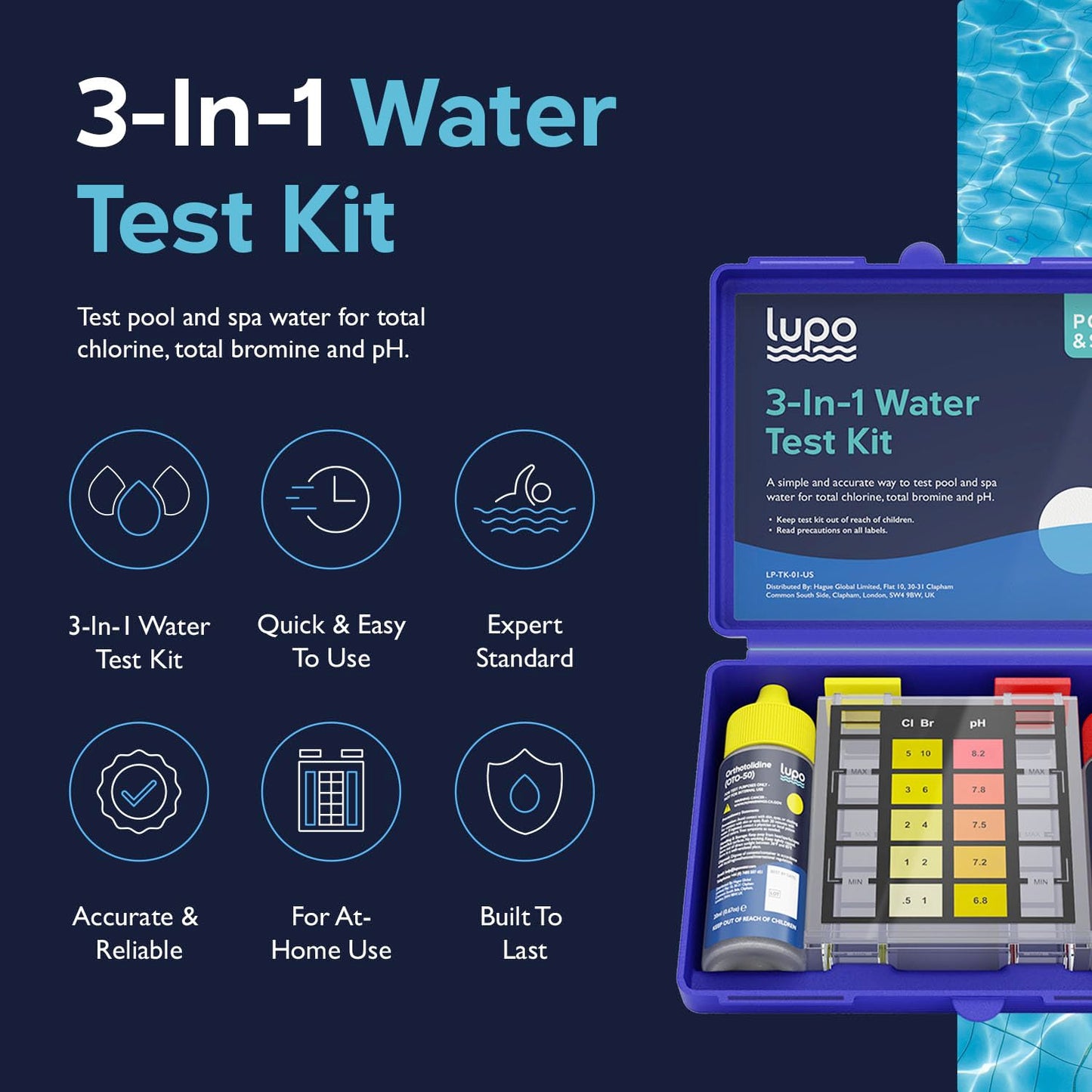 Lupo 3-in-1 Pool Test Kit | Pool Testing Kit for Residential Swimming Pools & Spas for Testing Total Chlorine, Total Bromine & pH | Chemical Test Kit for Quick & Accurate at-Home Pool Water Testing