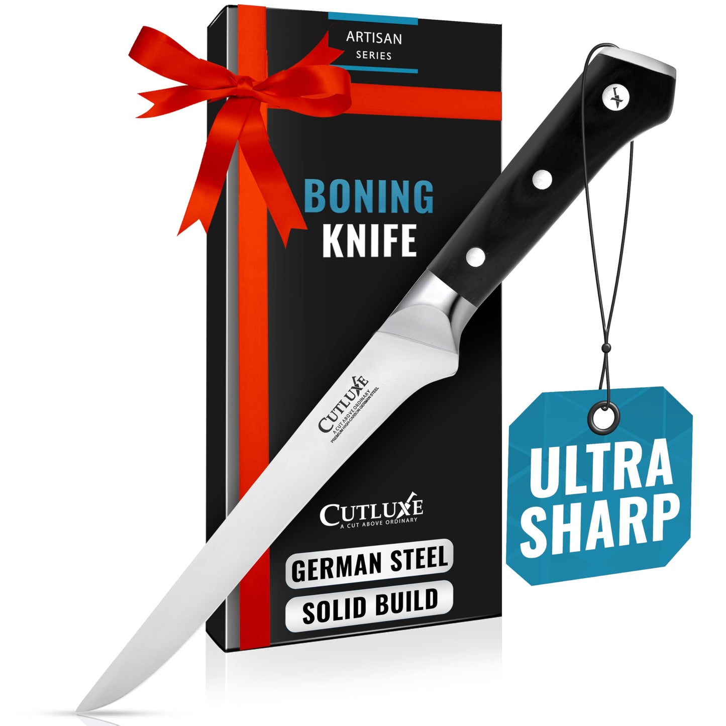 Cutluxe Boning & Fillet Knife – 6" Deboning Knife, Perfect for Meat Trimming – Razor Sharp Blade from High Carbon German Steel – Full Tang & Ergonomic Handle, Grilling Gifts for Men – Artisan Series