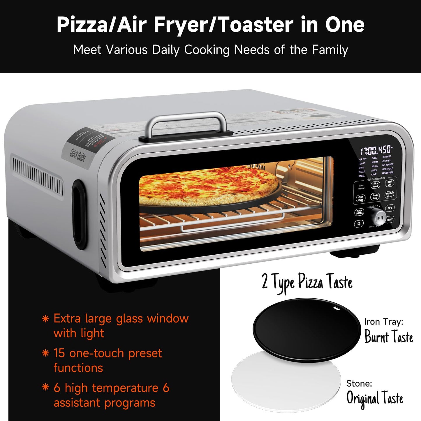 Kitchen Elite Toaster Oven Air Fryer Combo, 15-IN-1 Digital Convection Oven Countertop NTC Control, Portable Pizza Oven Stainless Steel for 12' pizza / 9 slices, Max 800°F, 3 Layer Glass Anti-scalding