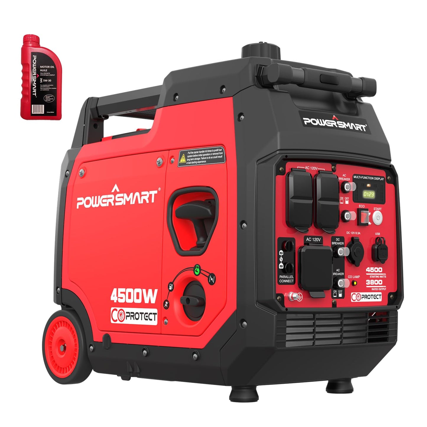 PowerSmart 4500-Watt Super Quiet Inverter Generator, Portable Generator Gas Powered with Electric Start, CO Sensor, RV-Ready, Wheels Handle Kit Included, Parallel Capable, CARB Compliant 2024Version