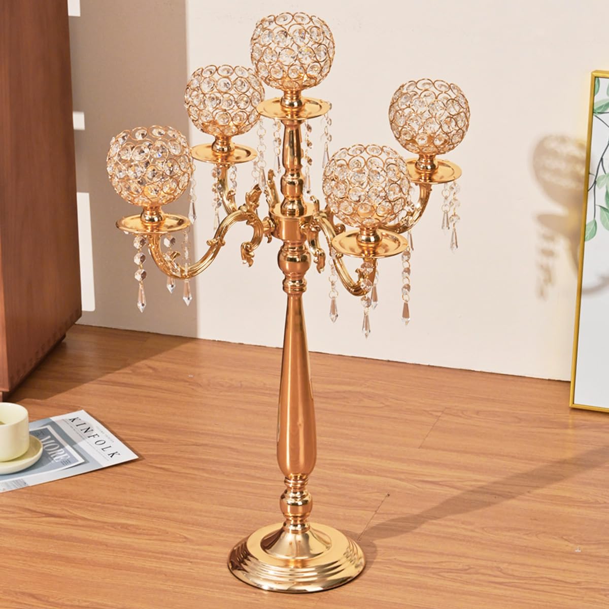 4 Packs 5 Arms Crystal Candelabra for Wedding Centerpiece, Gold Floor Candle Holder Set with Chandelier Crystal Beaded Anniversary Dinner Party Table Decoration candelabros de mesa Elegantes