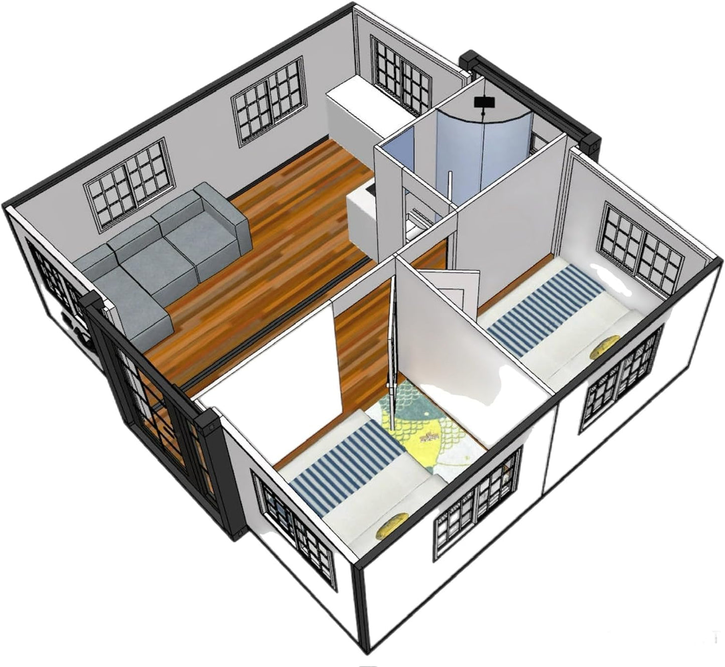 Portable Prefacbricated Modern House, 19 x 20 FT, 2 Rooms, 1 Bathroom & 1 Kitchen, Alloy Steel, Foldable Outbuilding – Light Blue