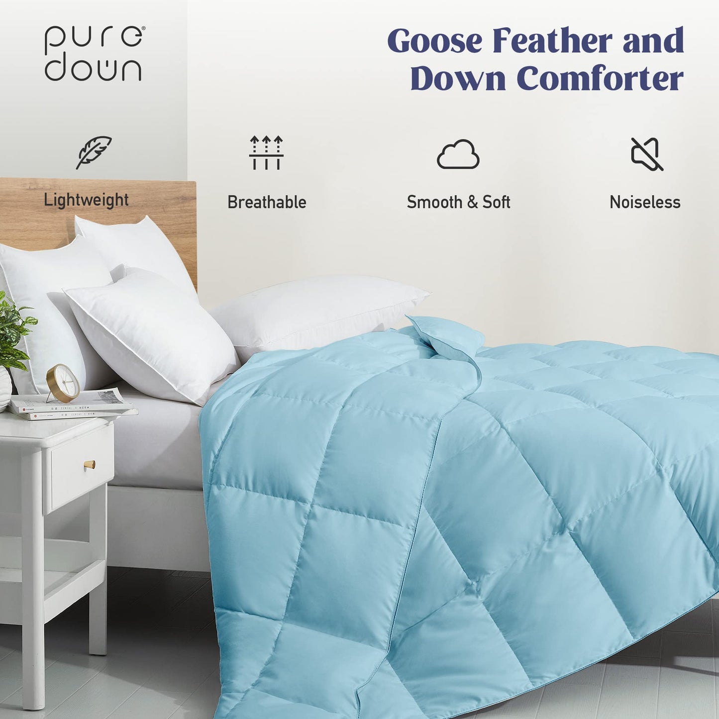 puredown® Goose Feather Comforter California King Size, Lightweight Duvet Insert, Comforter Blanket for Bed, Noiseless Ultra-Soft Shell, Blue, 108×94 Inch