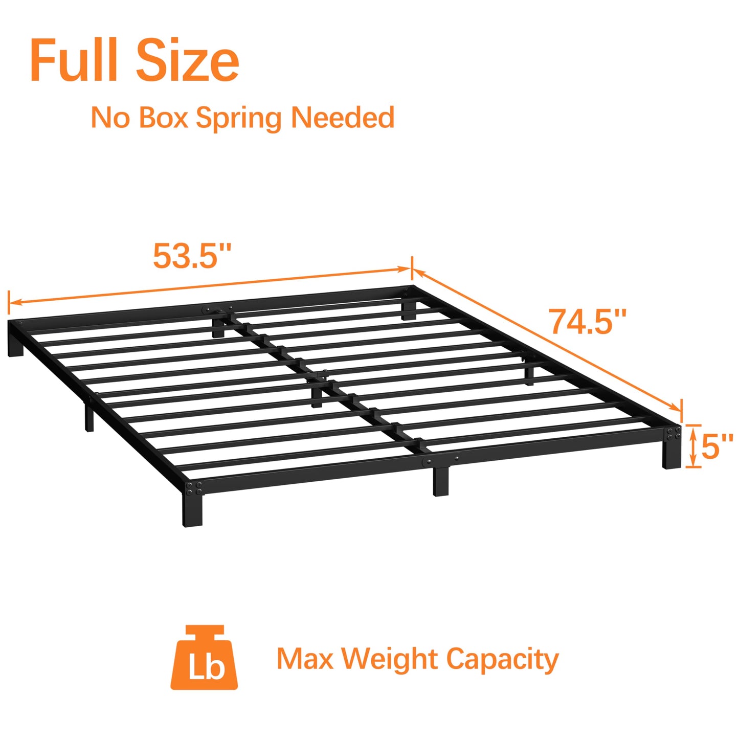 Vecilla Full Size Bed Frame 5 Inch Heavy Duty Metal Platform Low Profile Bed Frame No Box Spring Needed, Easy Assembly, Noise-Free, Black