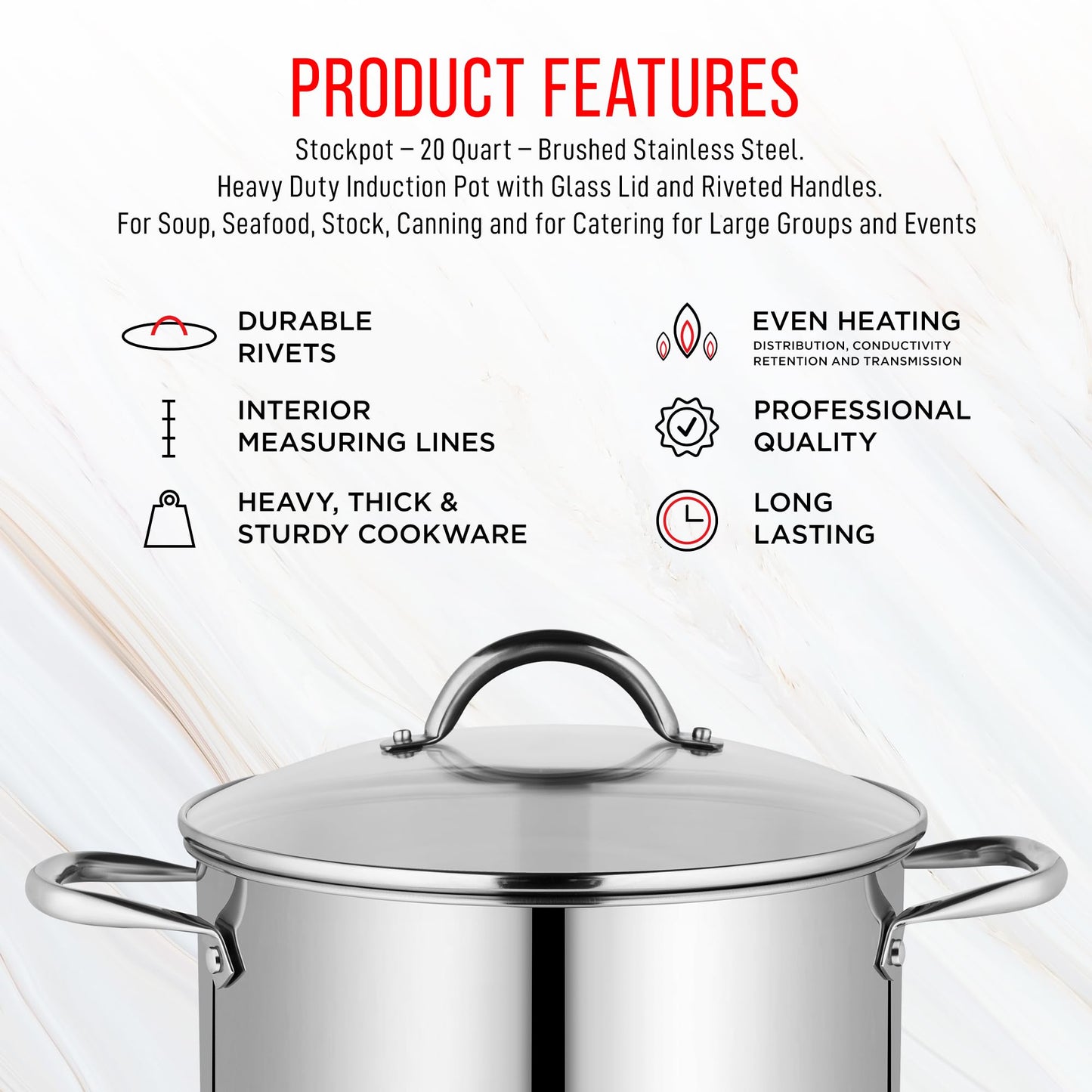 Bakken-Swiss Deluxe 20-Quart Stainless Steel Stockpot w/Tempered Glass See-Through Lid - Simmering Delicious Soups Stews & Induction Cooking - Exceptional Heat Distribution - Heavy-Duty & Food-Grade