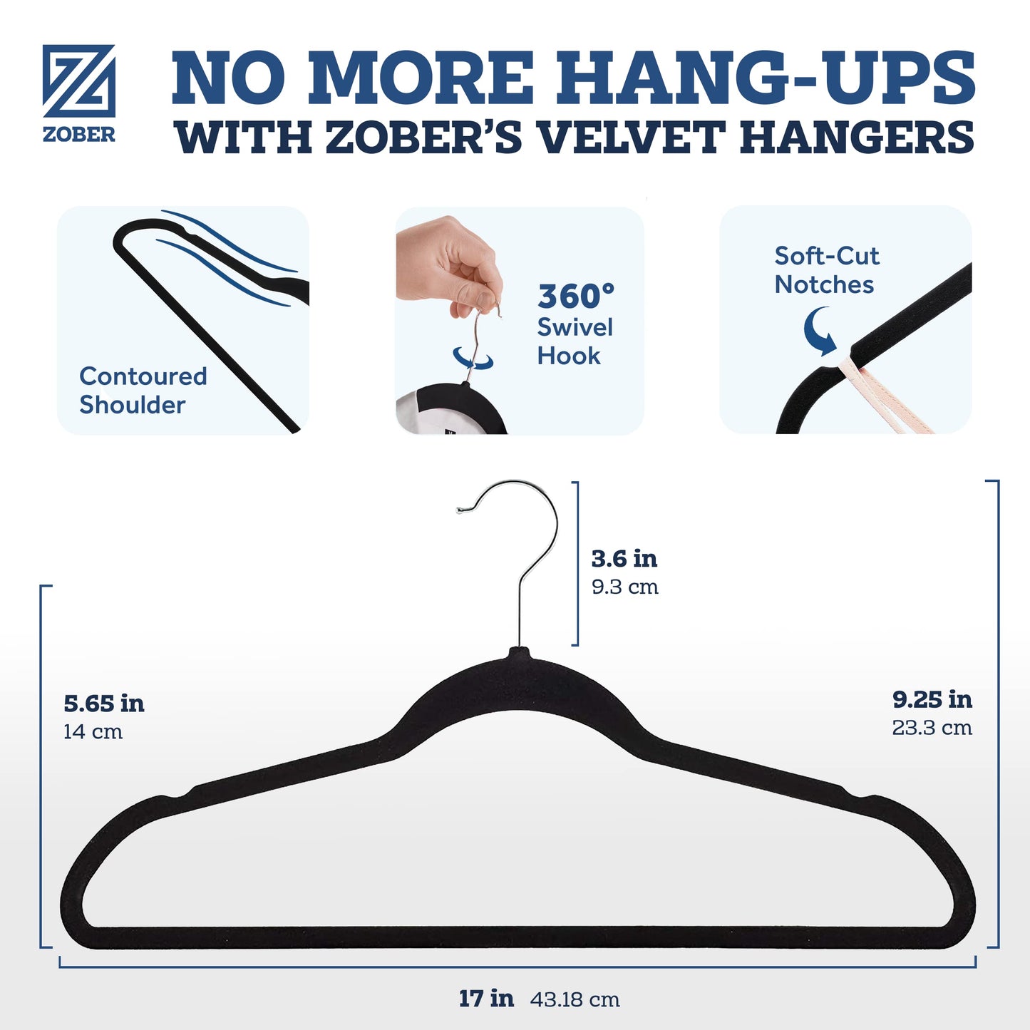 Zober Velvet Hangers 50 Pack - Heavy Duty Black Hangers for Coats, Pants & Dress Clothes - Non Slip Clothes Hanger Set - Space Saving Felt Hangers for Clothing