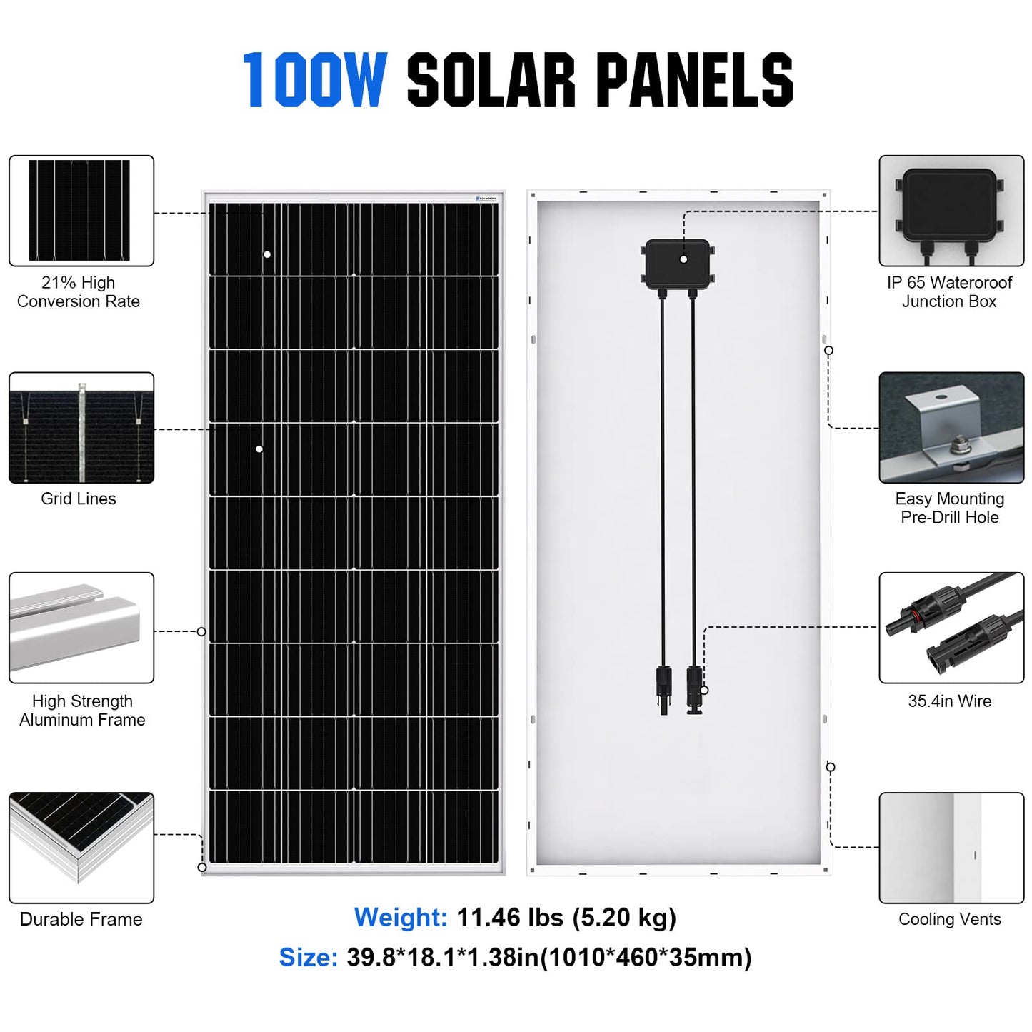 ECO-WORTHY 400W Solar Panels 4pcs 100 Watt 12 Volt Monocrystalline Solar Panel Module for Off Grid PV Power for Home, Camping, Boat, Shed Farm, RV…